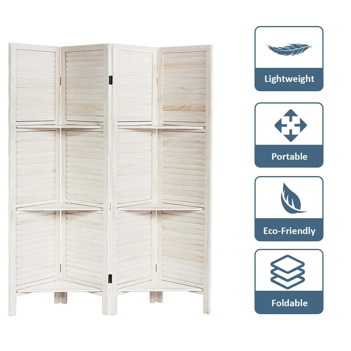 4 Panel Folding Room Divider Screen, 3 Display Shelves, White - Image 6