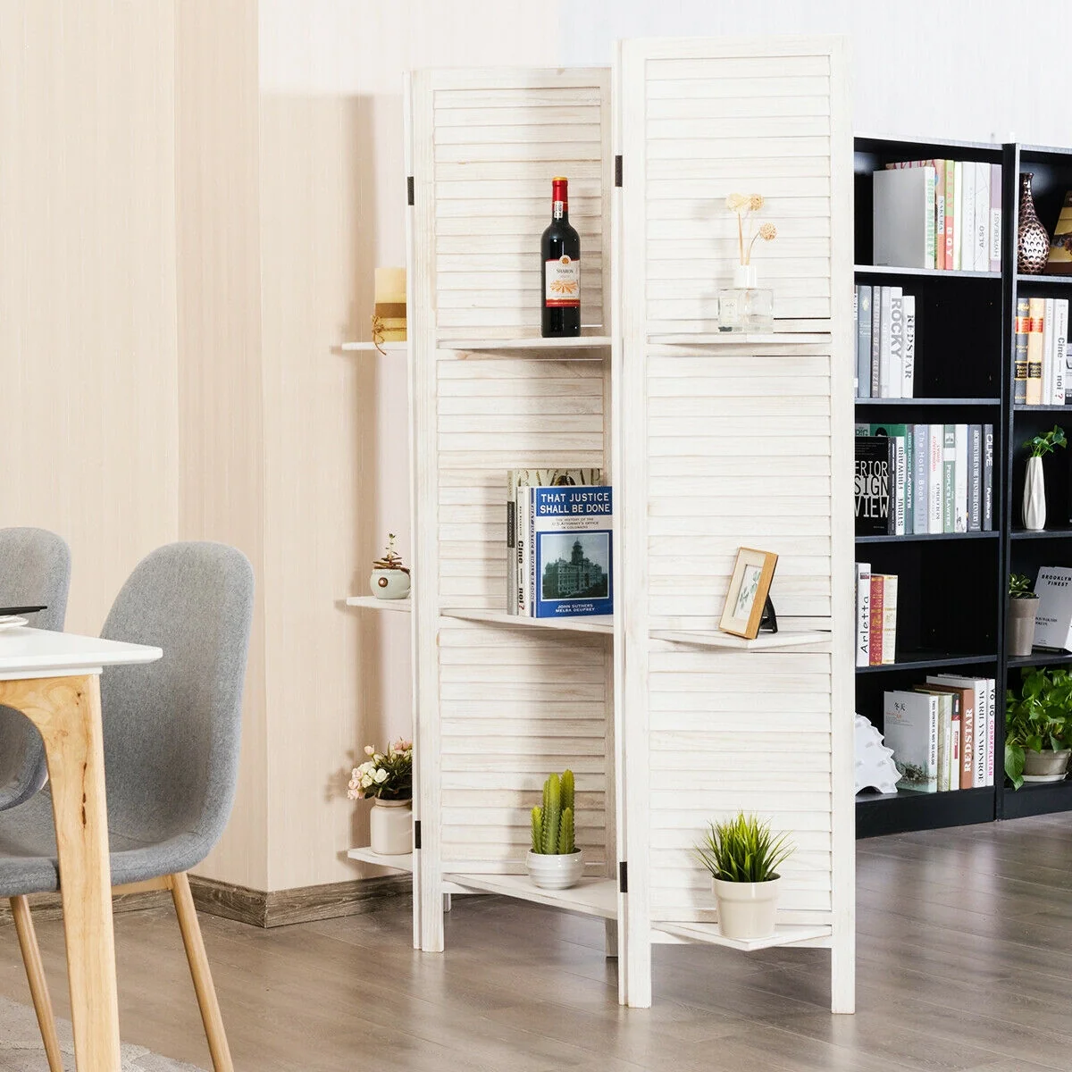 4 Panel Folding Room Divider Screen, 3 Display Shelves, White - Image 7