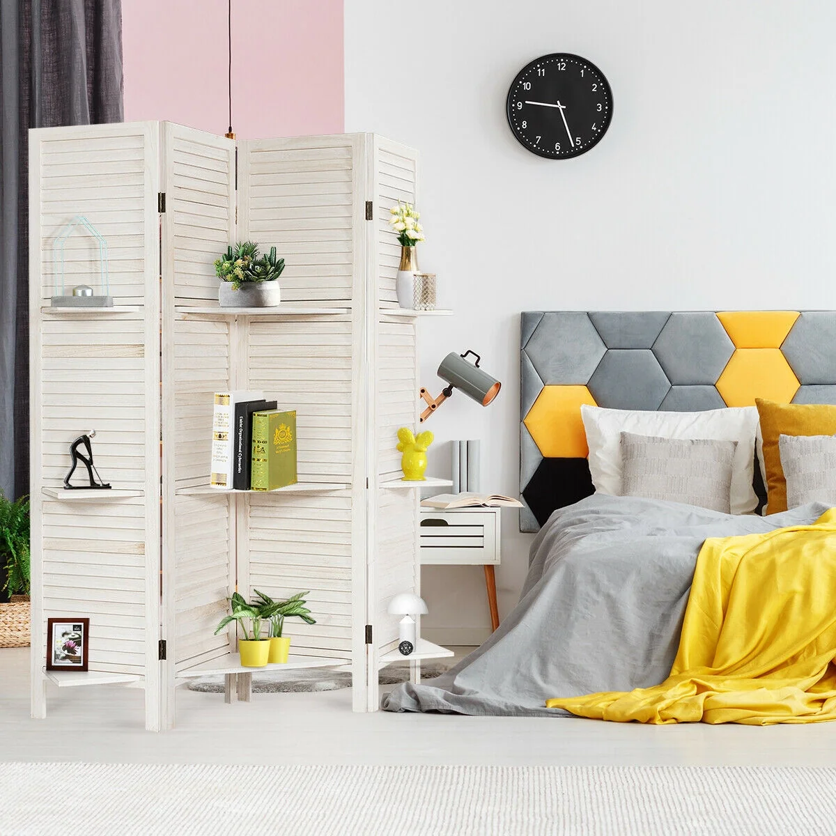 4 Panel Folding Room Divider Screen, 3 Display Shelves, White - Image 8