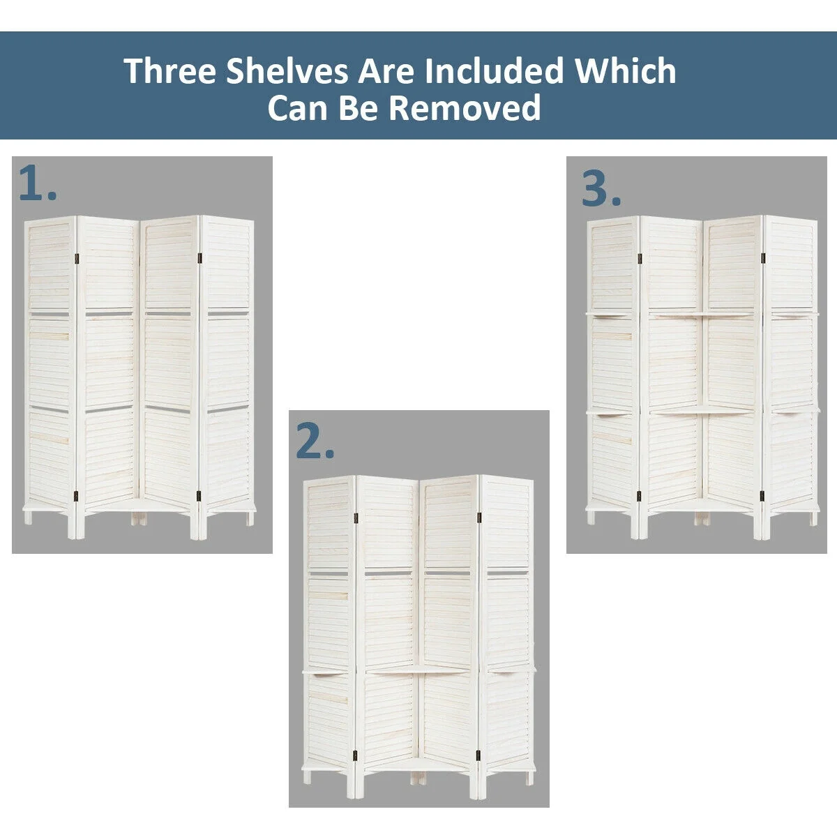 4 Panel Folding Room Divider Screen, 3 Display Shelves, White - Image 9