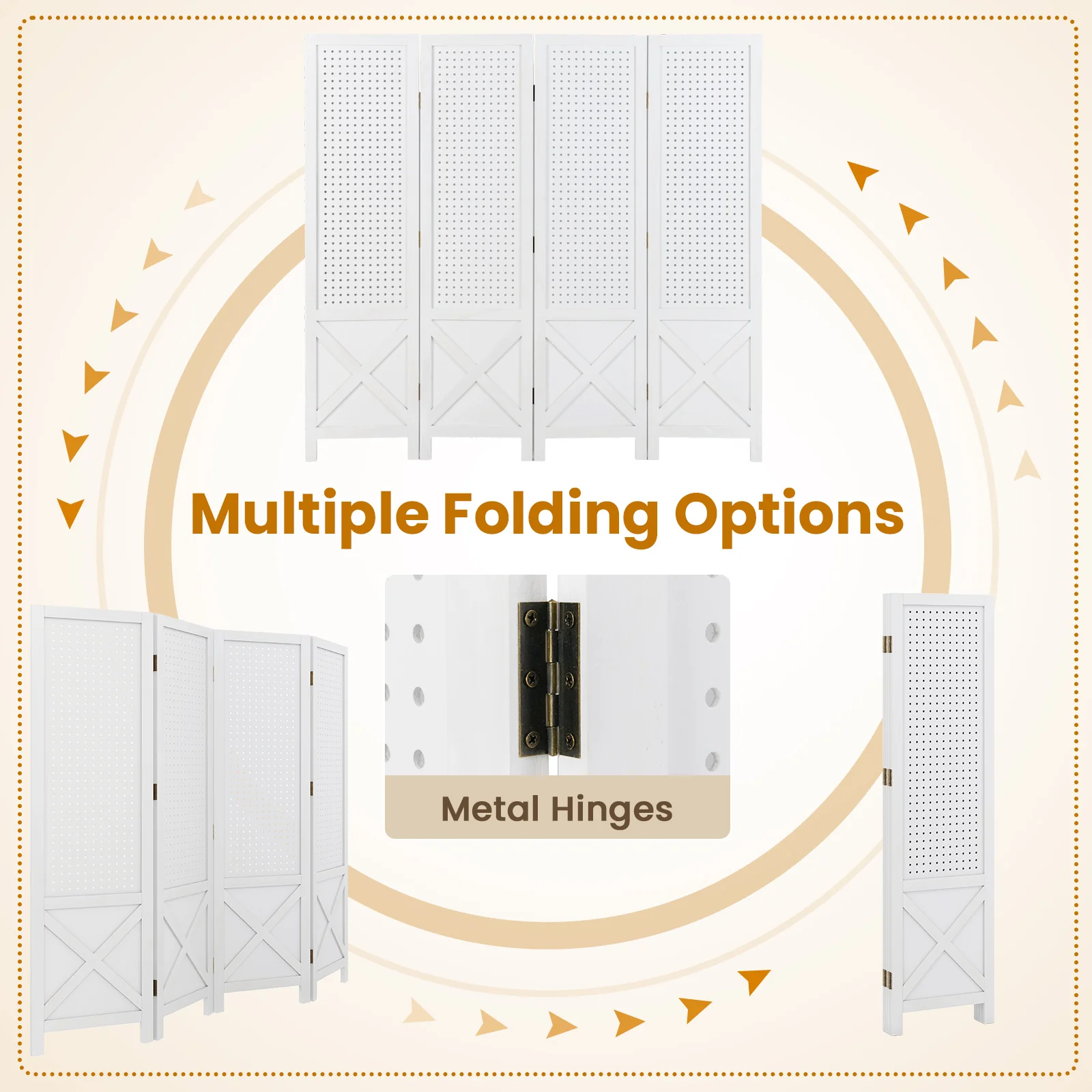 4-Panel Pegboard Display Stand Folding Room Divider with Solid Wood Frame, White - Image 10