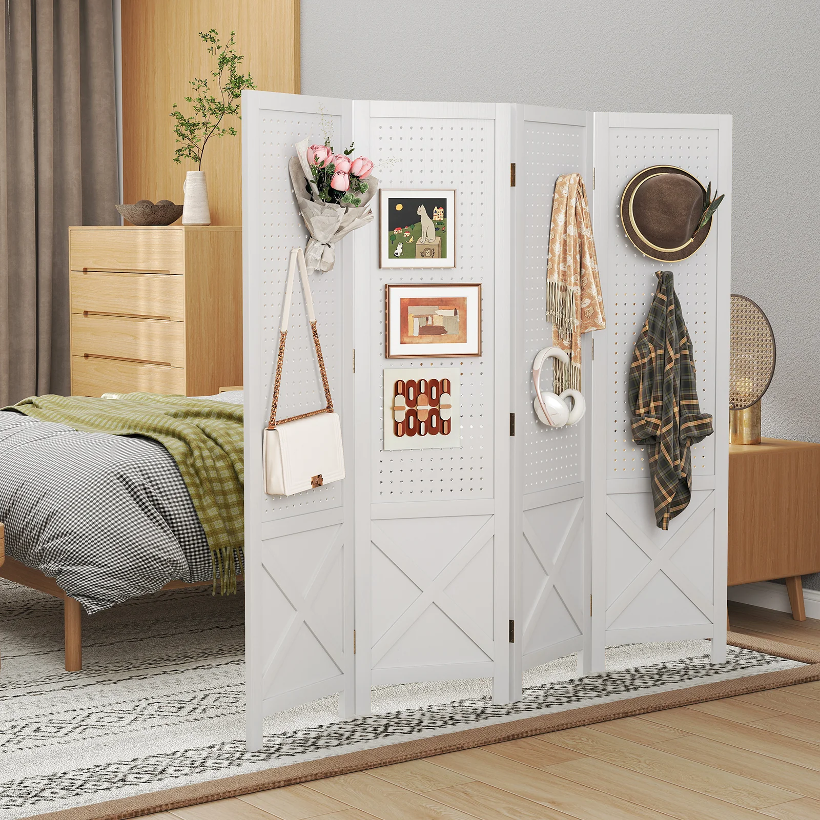 4-Panel Pegboard Display Stand Folding Room Divider with Solid Wood Frame, White - Image 2