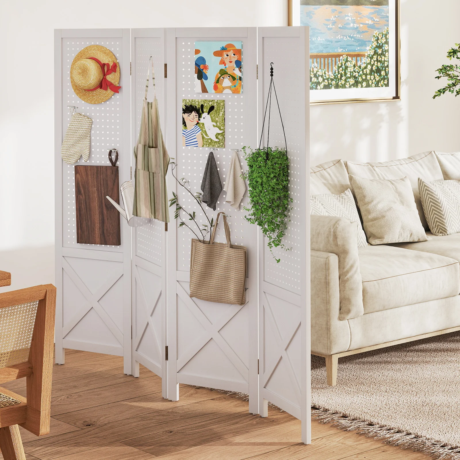 4-Panel Pegboard Display Stand Folding Room Divider with Solid Wood Frame, White - Image 3