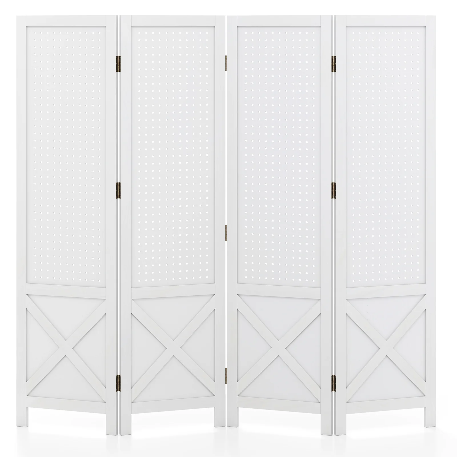 4-Panel Pegboard Display Stand Folding Room Divider with Solid Wood Frame, White - Image 4