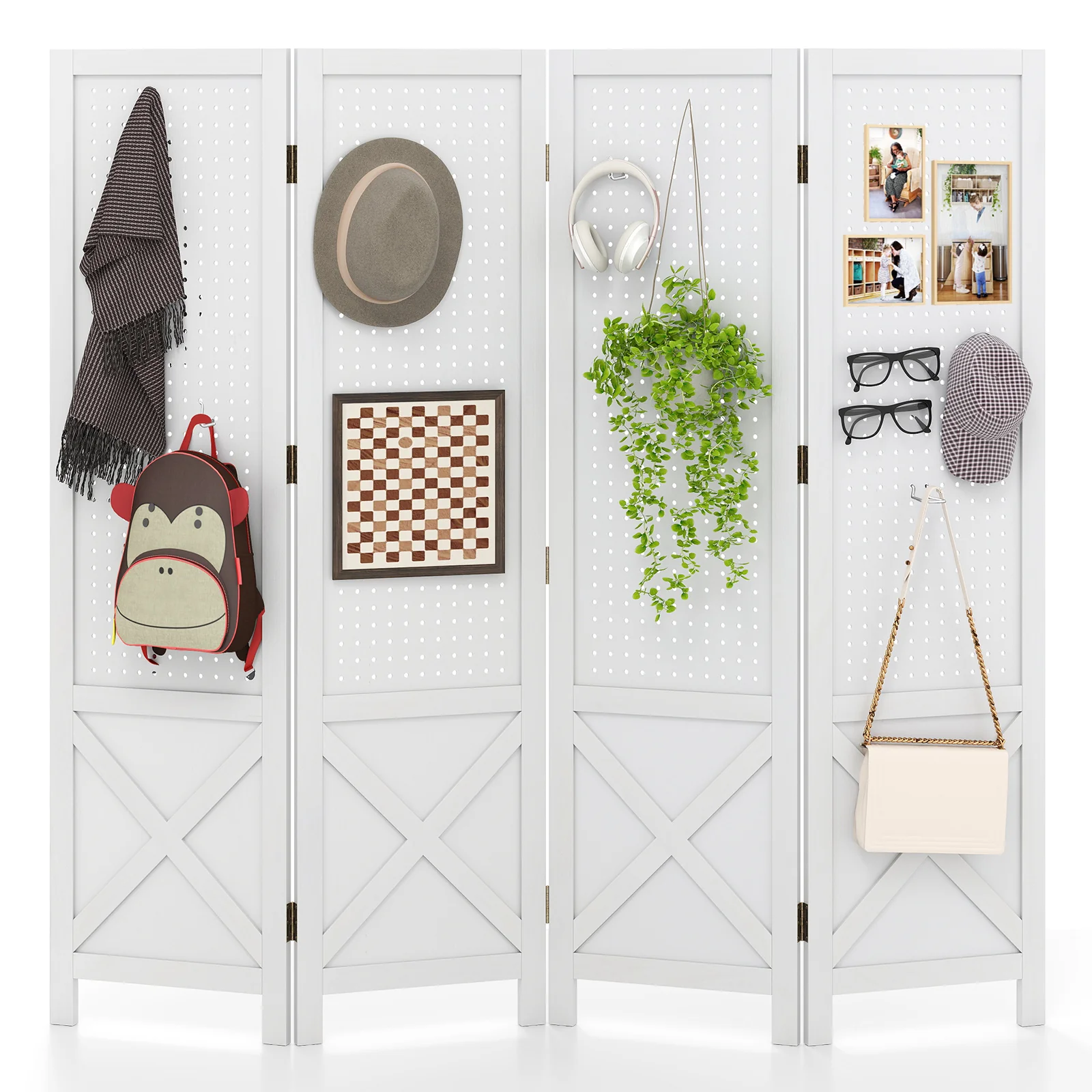 4-Panel Pegboard Display Stand Folding Room Divider with Solid Wood Frame, White - Image 5