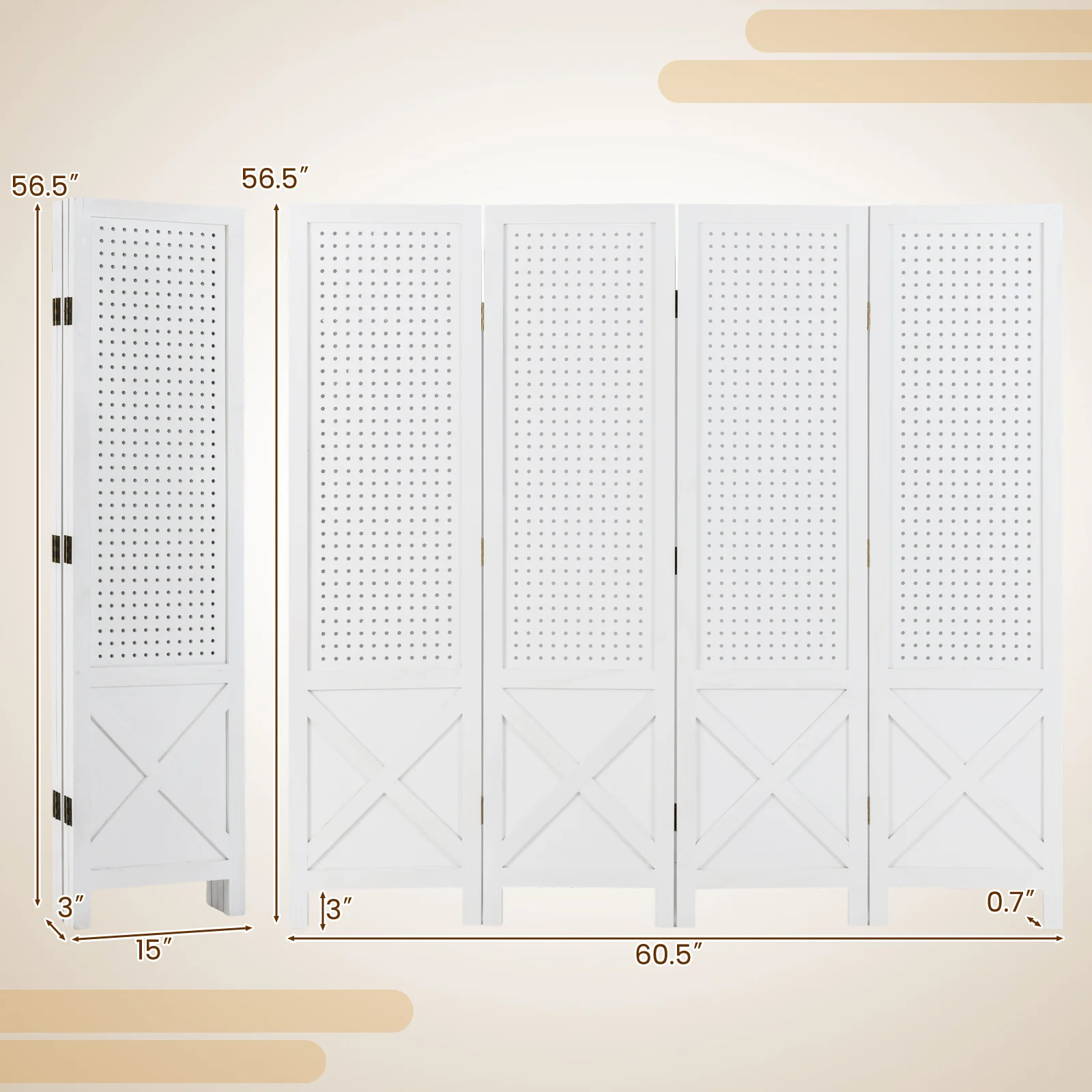 4-Panel Pegboard Display Stand Folding Room Divider with Solid Wood Frame, White - Image 6