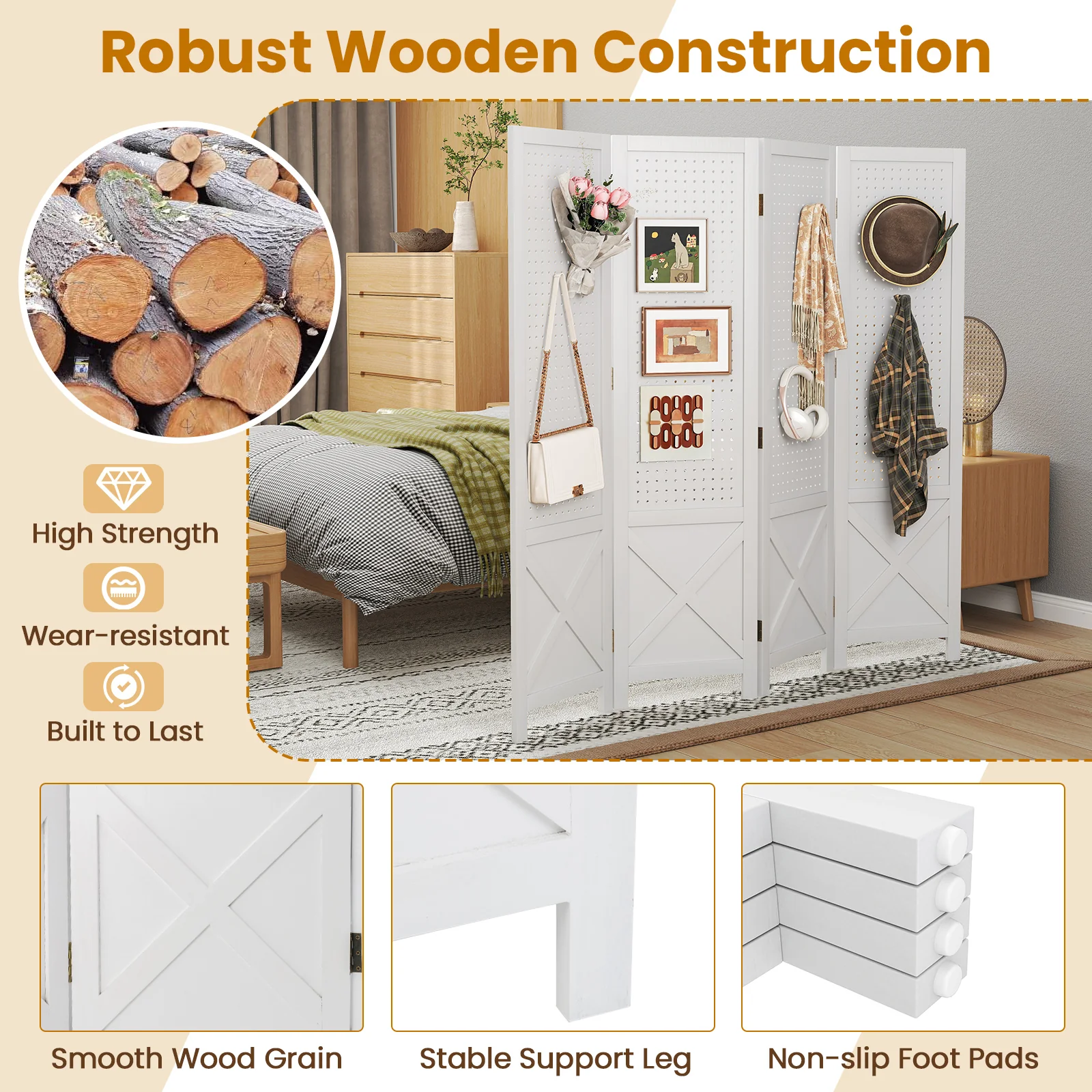 4-Panel Pegboard Display Stand Folding Room Divider with Solid Wood Frame, White - Image 8