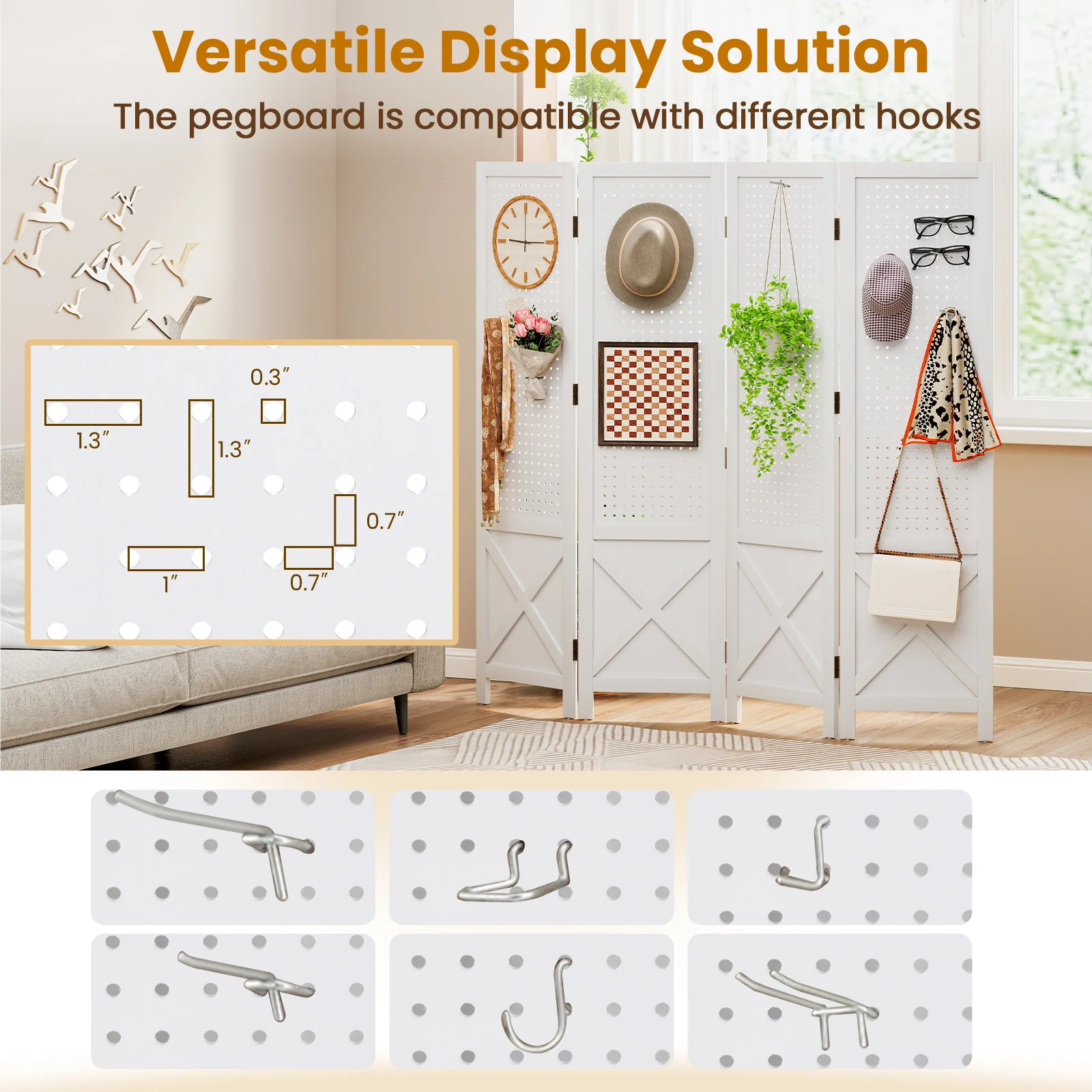 4-Panel Pegboard Display Stand Folding Room Divider with Solid Wood Frame, White - Image 9
