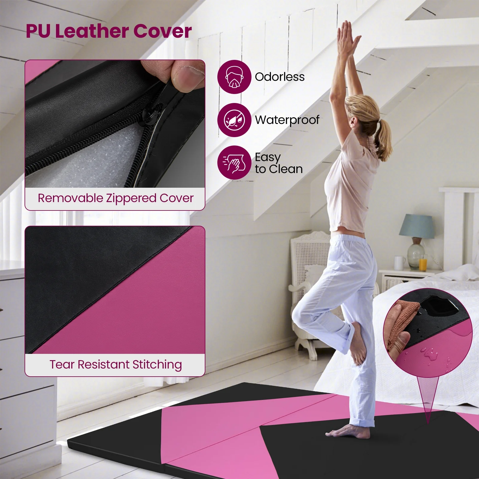 4-Panel PU Leather Folding Exercise Gym Mat, Pink, Black - Image 10