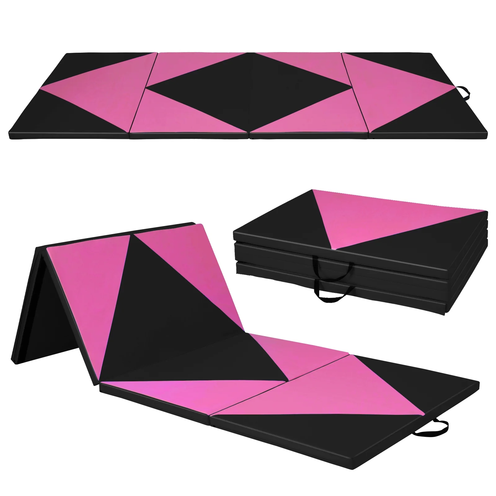 4-Panel PU Leather Folding Exercise Gym Mat, Pink, Black - Image 4