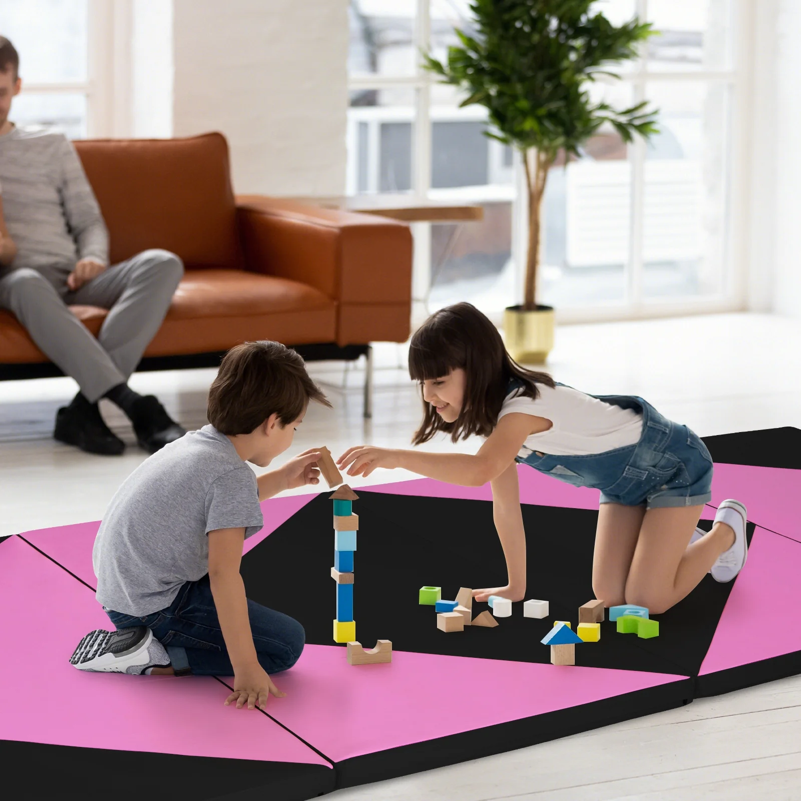 4-Panel PU Leather Folding Exercise Gym Mat, Pink, Black - Image 6