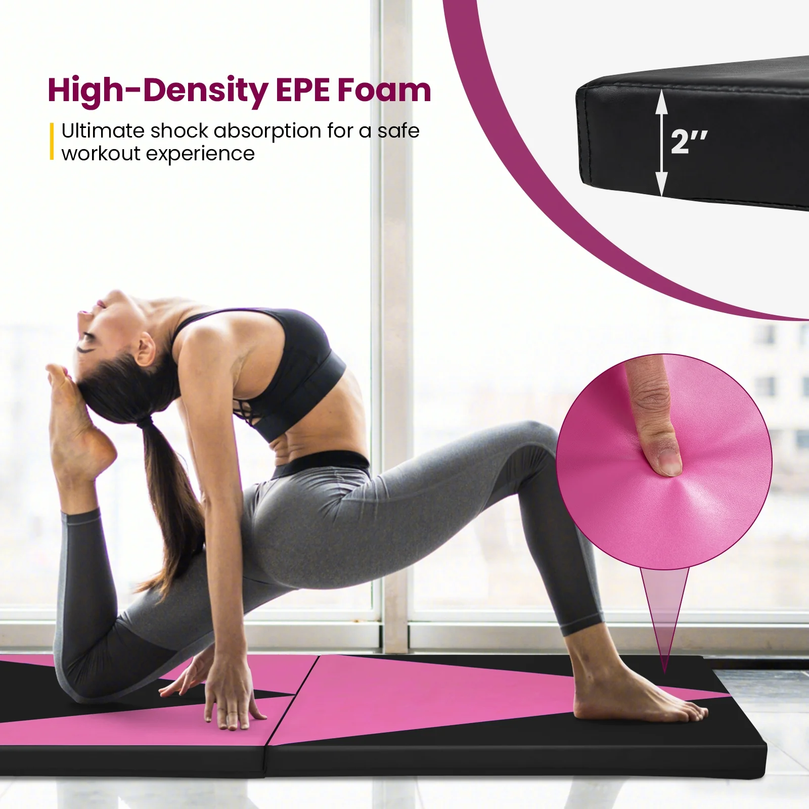 4-Panel PU Leather Folding Exercise Gym Mat, Pink, Black - Image 7