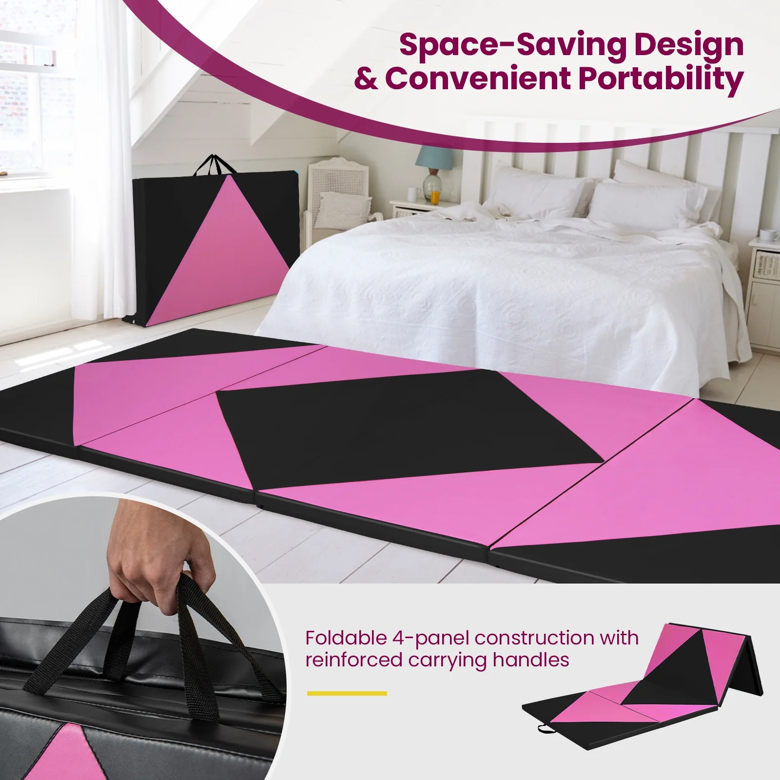 4-Panel PU Leather Folding Exercise Gym Mat, Pink, Black - Image 8