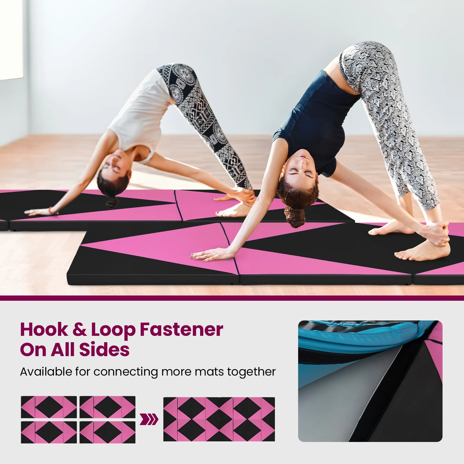 4-Panel PU Leather Folding Exercise Gym Mat, Pink, Black - Image 9