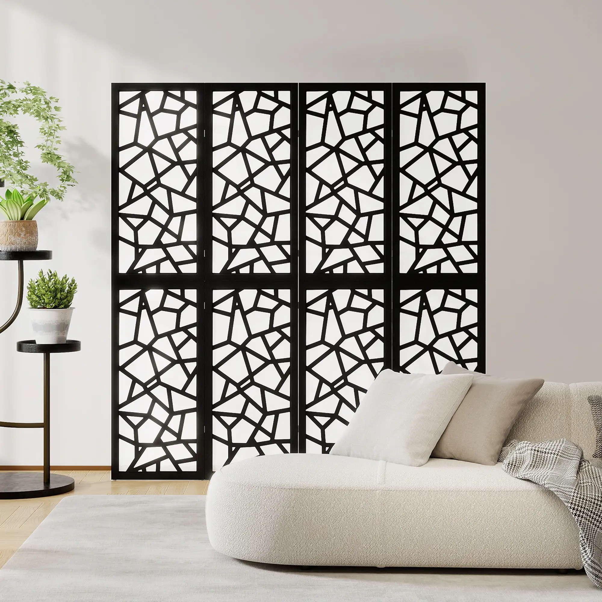 4 Panel Room Divider, 5.6 FT, Geometric Pattern Privacy Screen, Black - Image 10