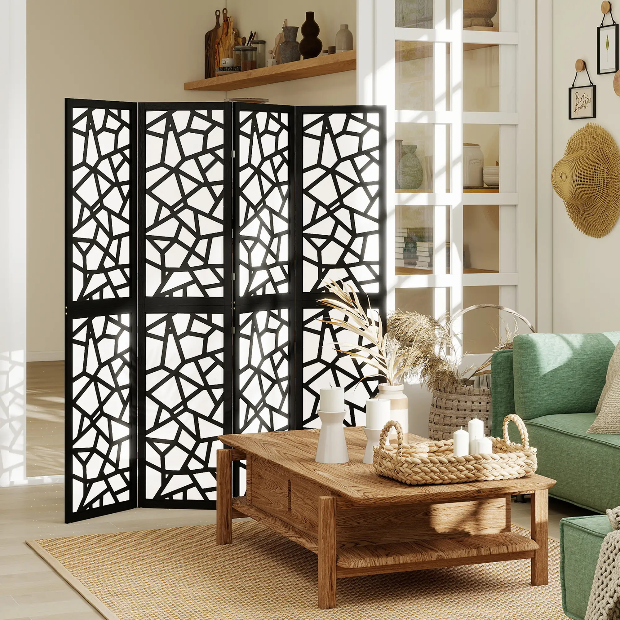 4 Panel Room Divider, 5.6 FT, Geometric Pattern Privacy Screen, Black - Image 2