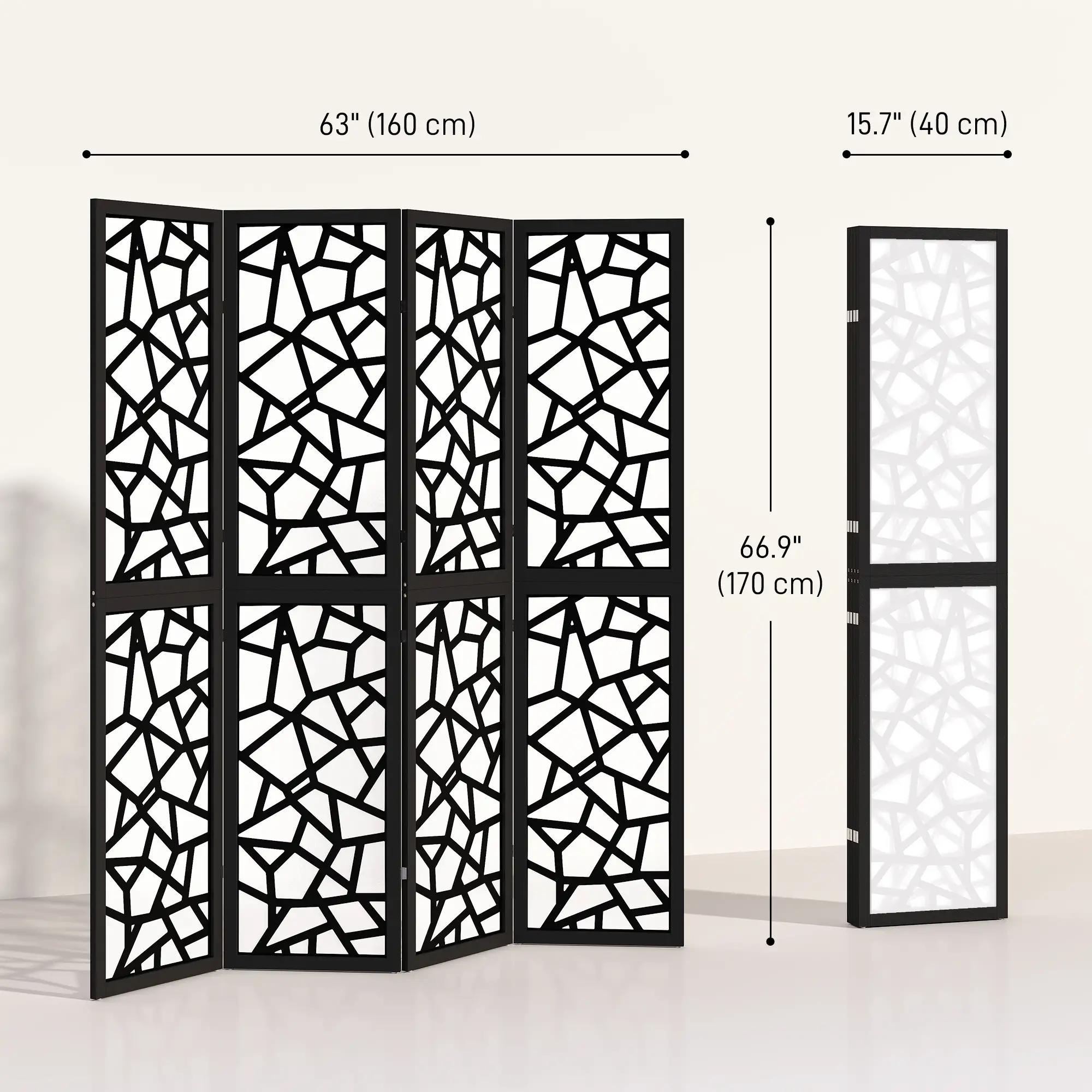 4 Panel Room Divider, 5.6 FT, Geometric Pattern Privacy Screen, Black - Image 3