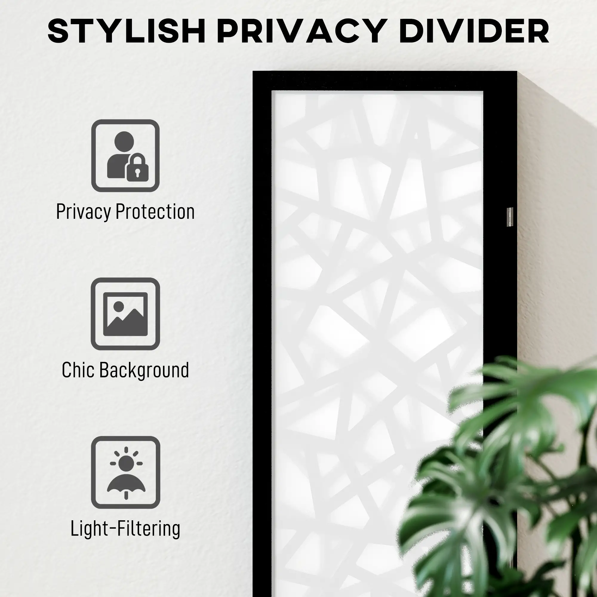 4 Panel Room Divider, 5.6 FT, Geometric Pattern Privacy Screen, Black - Image 4