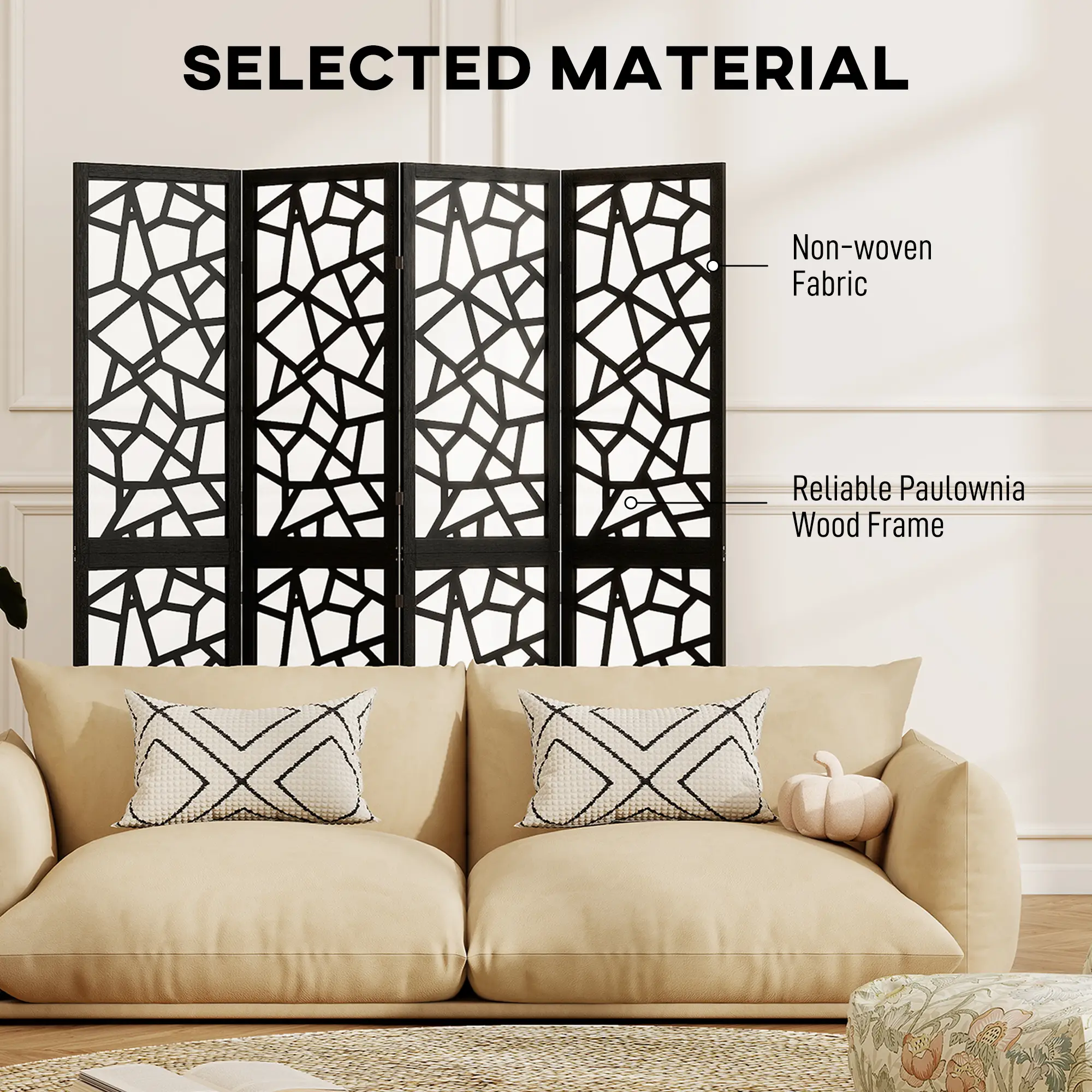 4 Panel Room Divider, 5.6 FT, Geometric Pattern Privacy Screen, Black - Image 5