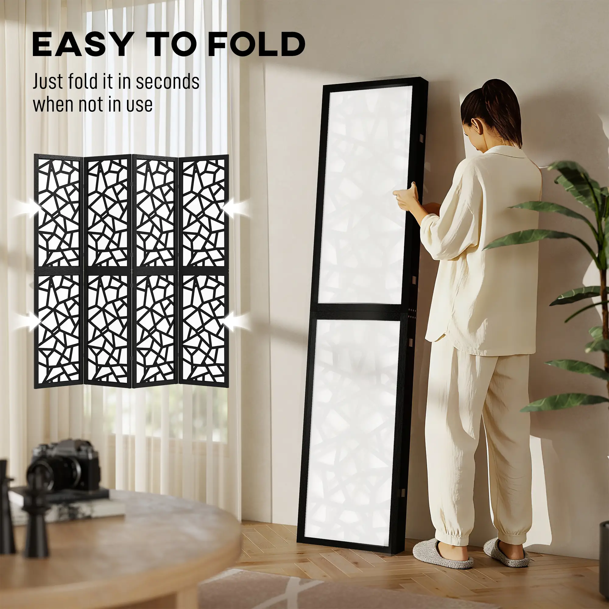 4 Panel Room Divider, 5.6 FT, Geometric Pattern Privacy Screen, Black - Image 6