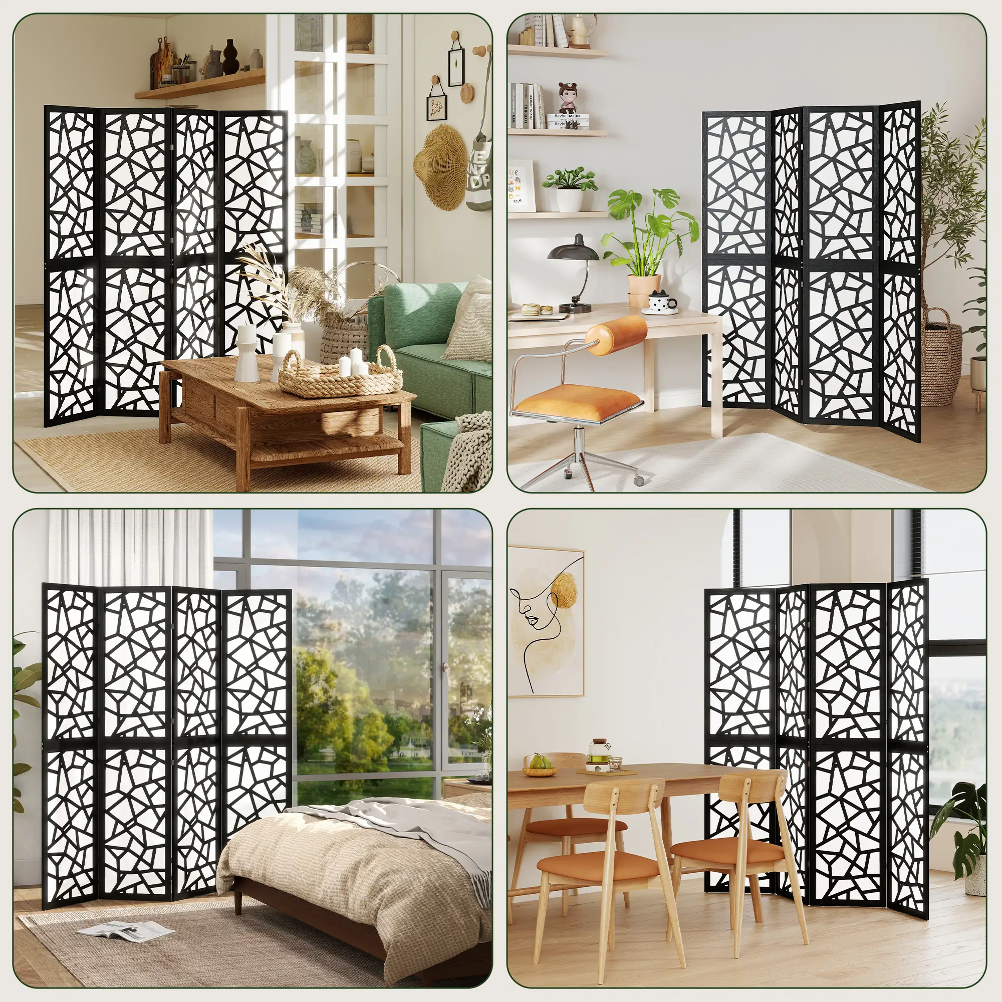 4 Panel Room Divider, 5.6 FT, Geometric Pattern Privacy Screen, Black - Image 7