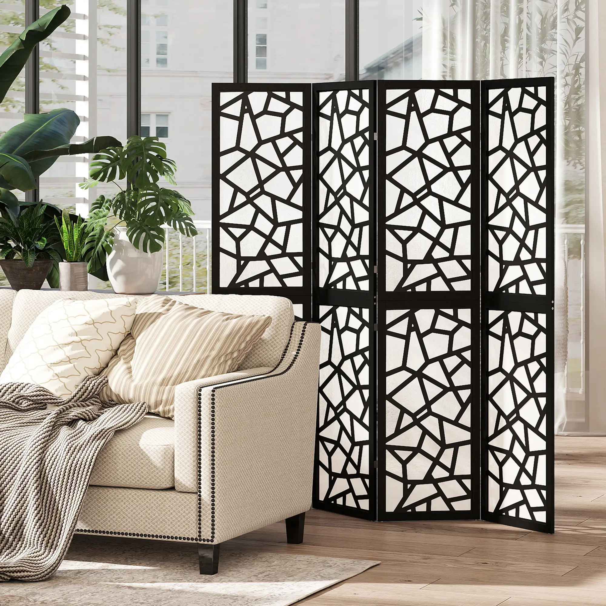 4 Panel Room Divider, 5.6 FT, Geometric Pattern Privacy Screen, Black - Image 8