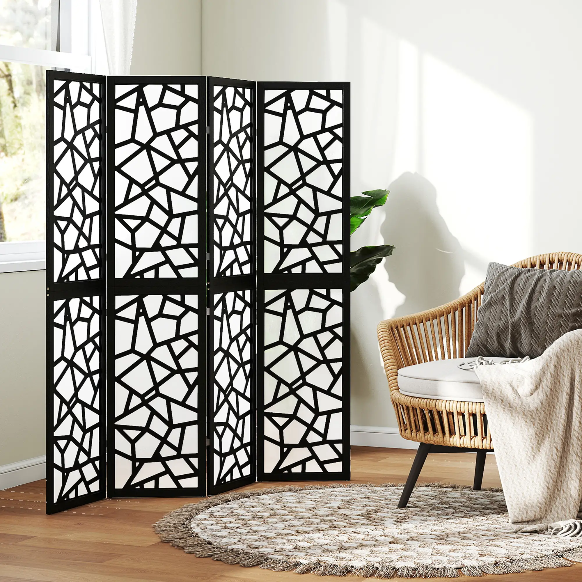 4 Panel Room Divider, 5.6 FT, Geometric Pattern Privacy Screen, Black - Image 9