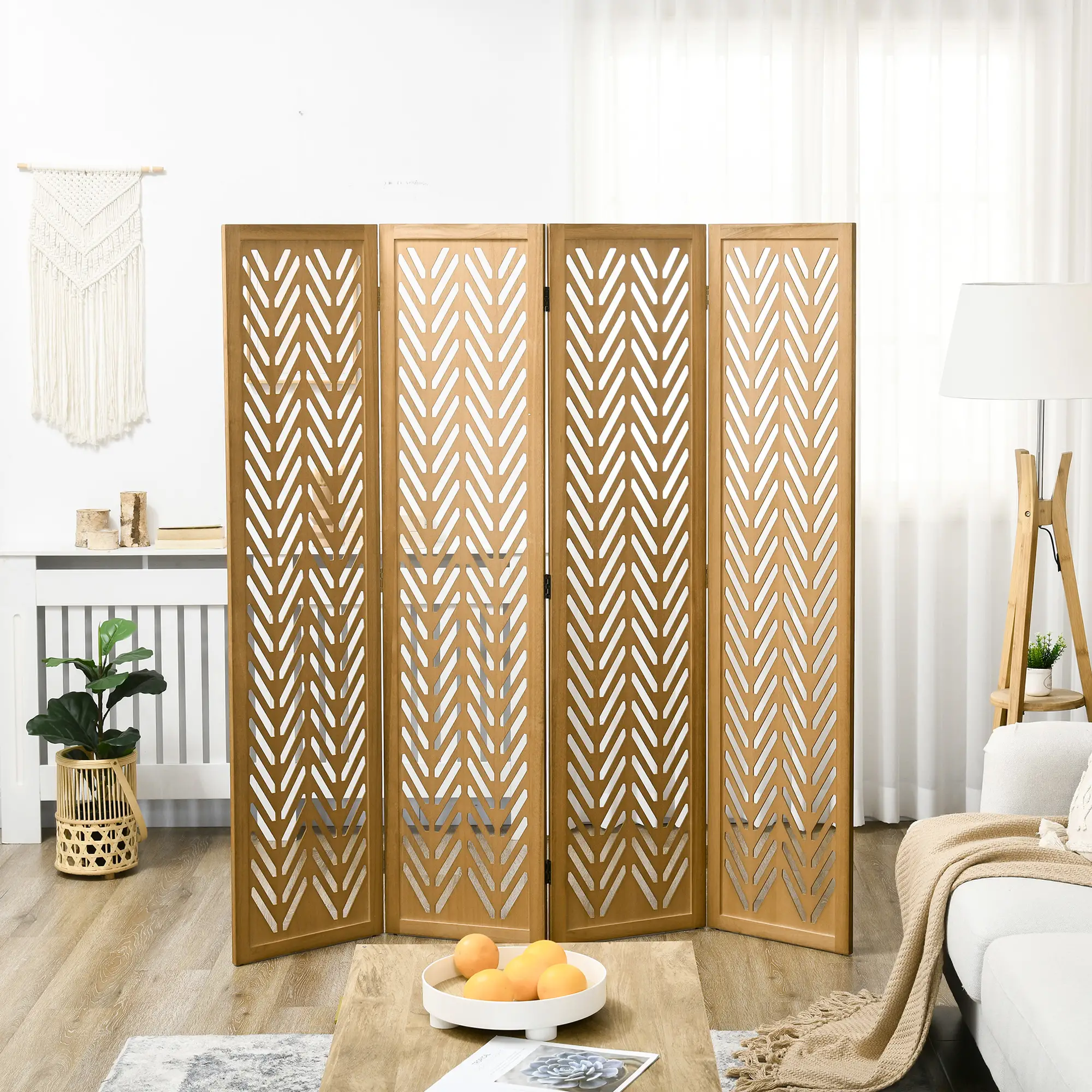 4 Panel Room Divider, 5.6ft Tall, Wood Folding Privacy Screen, Light Brown - Image 2