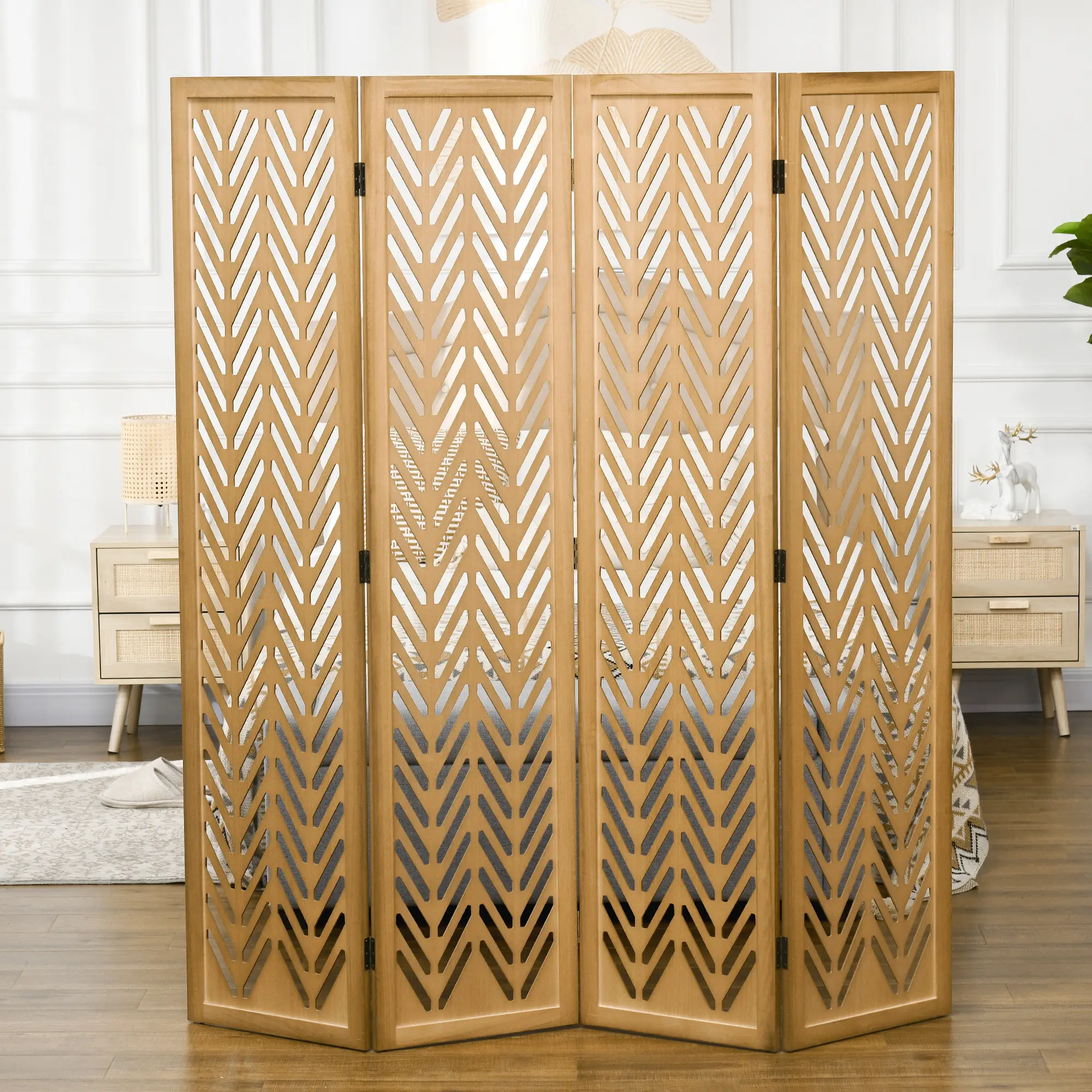 4 Panel Room Divider, 5.6ft Tall, Wood Folding Privacy Screen, Light Brown - Image 7
