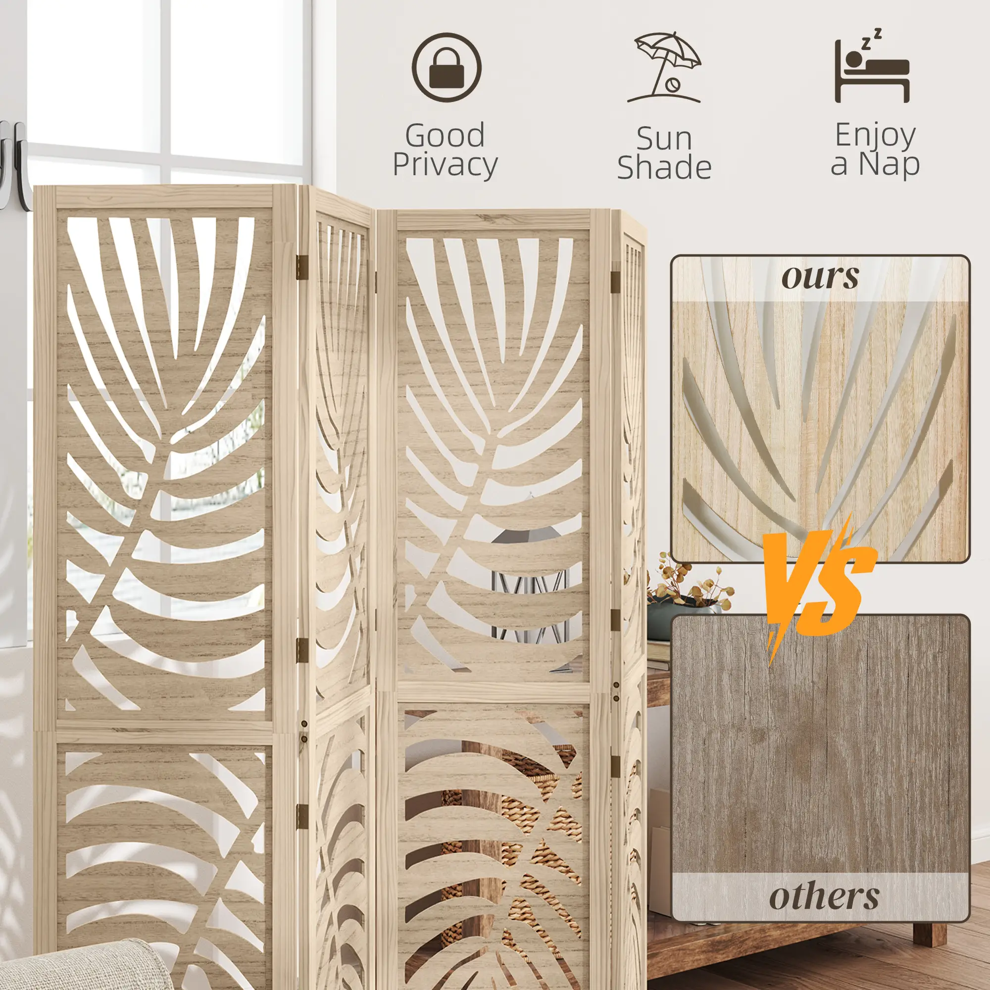 4 Panel Room Divider, Detachable Folding Privacy Screen, Palm Leaf Design, Natural Wood Finish - Image 6