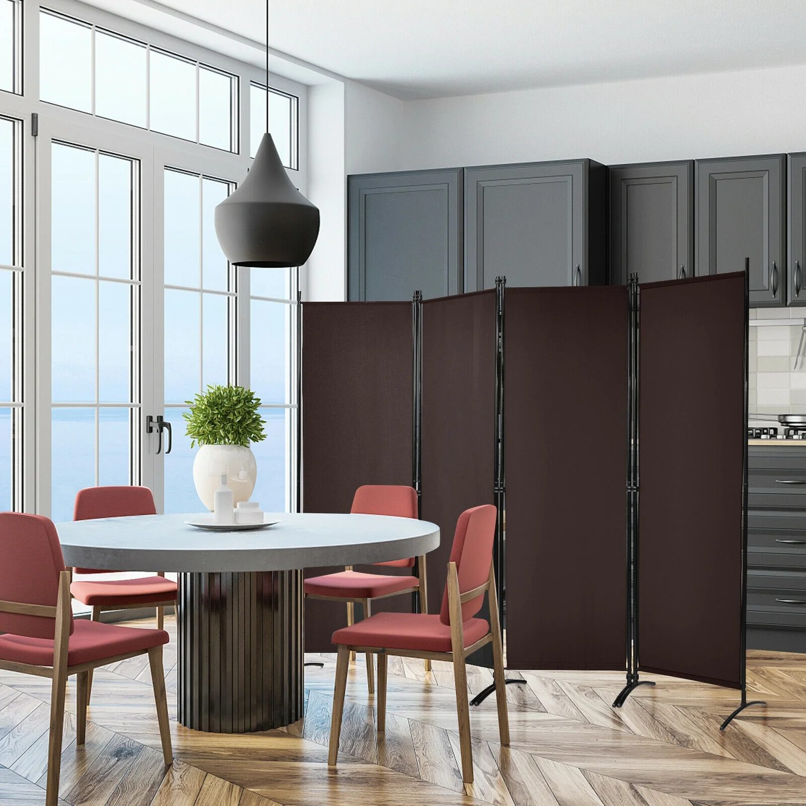 4-Panel Room Divider, Steel Frame, Brown - Image 2