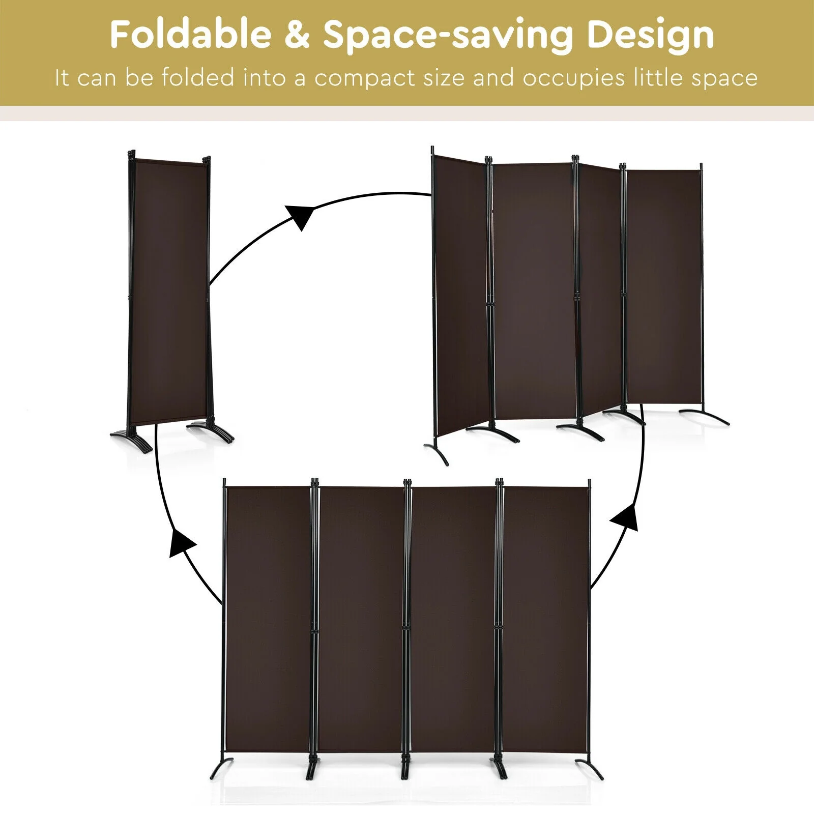 4-Panel Room Divider, Steel Frame, Brown - Image 6