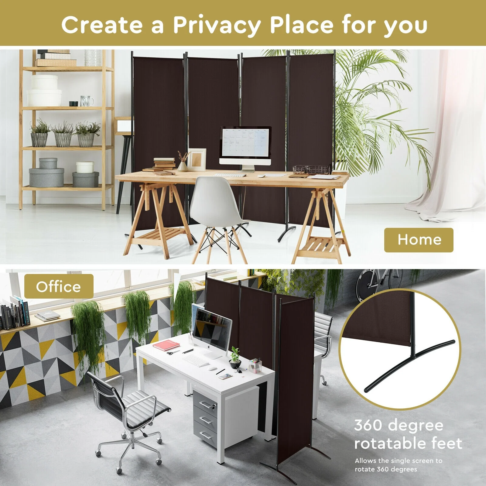 4-Panel Room Divider, Steel Frame, Brown - Image 8