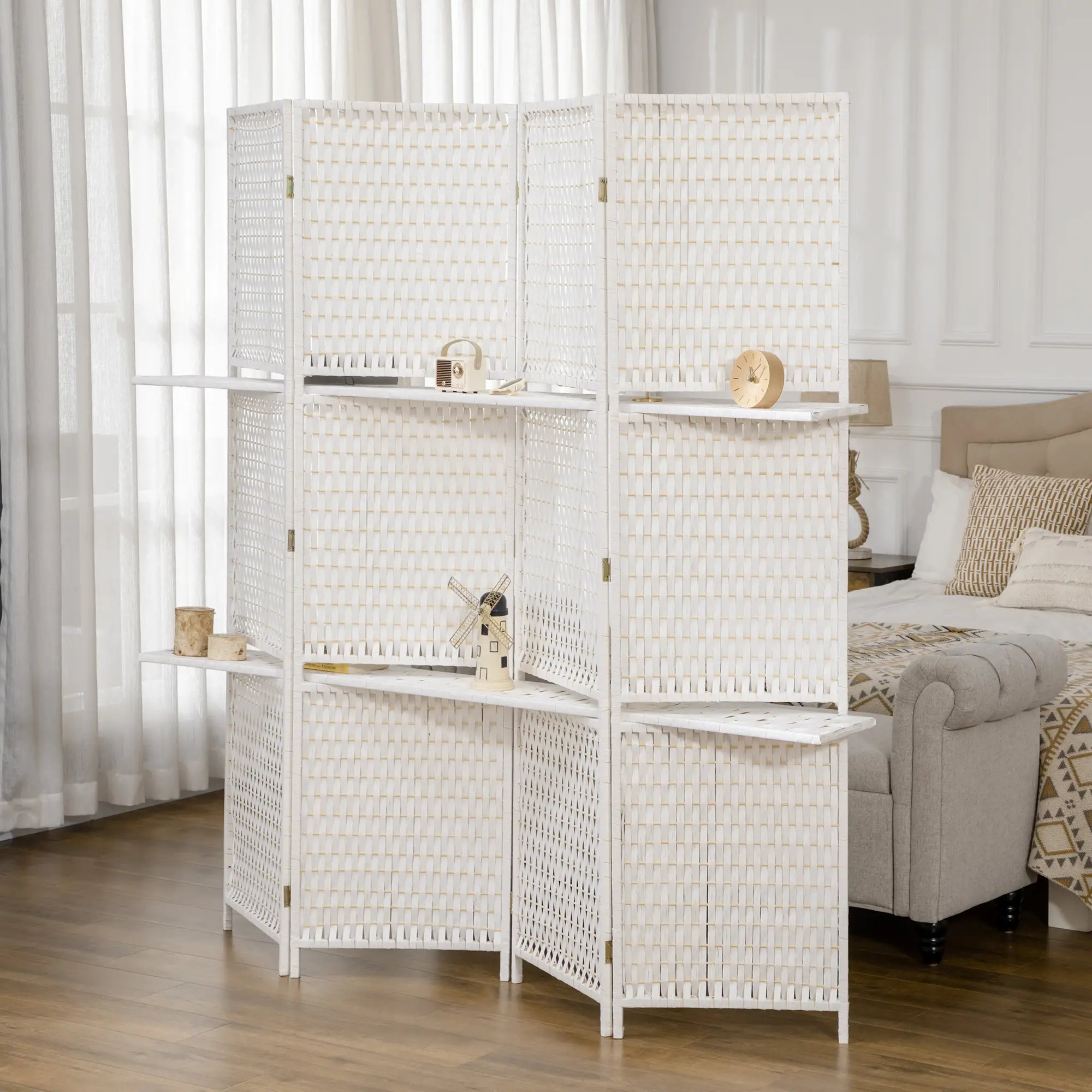 4 Panel Room Divider With Shelves, 6 FT Privacy Screen, White - Image 2