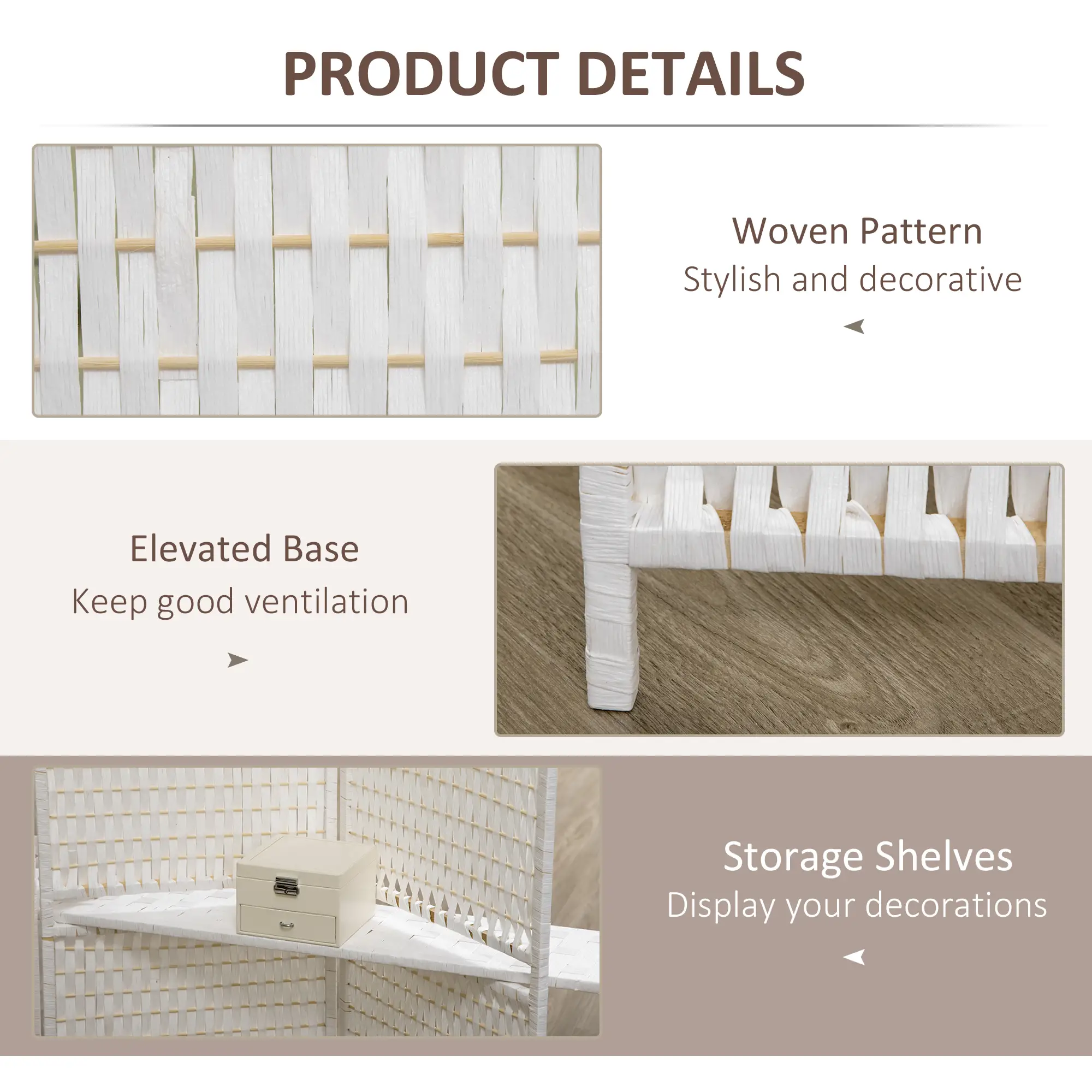 4 Panel Room Divider With Shelves, 6 FT Privacy Screen, White - Image 6