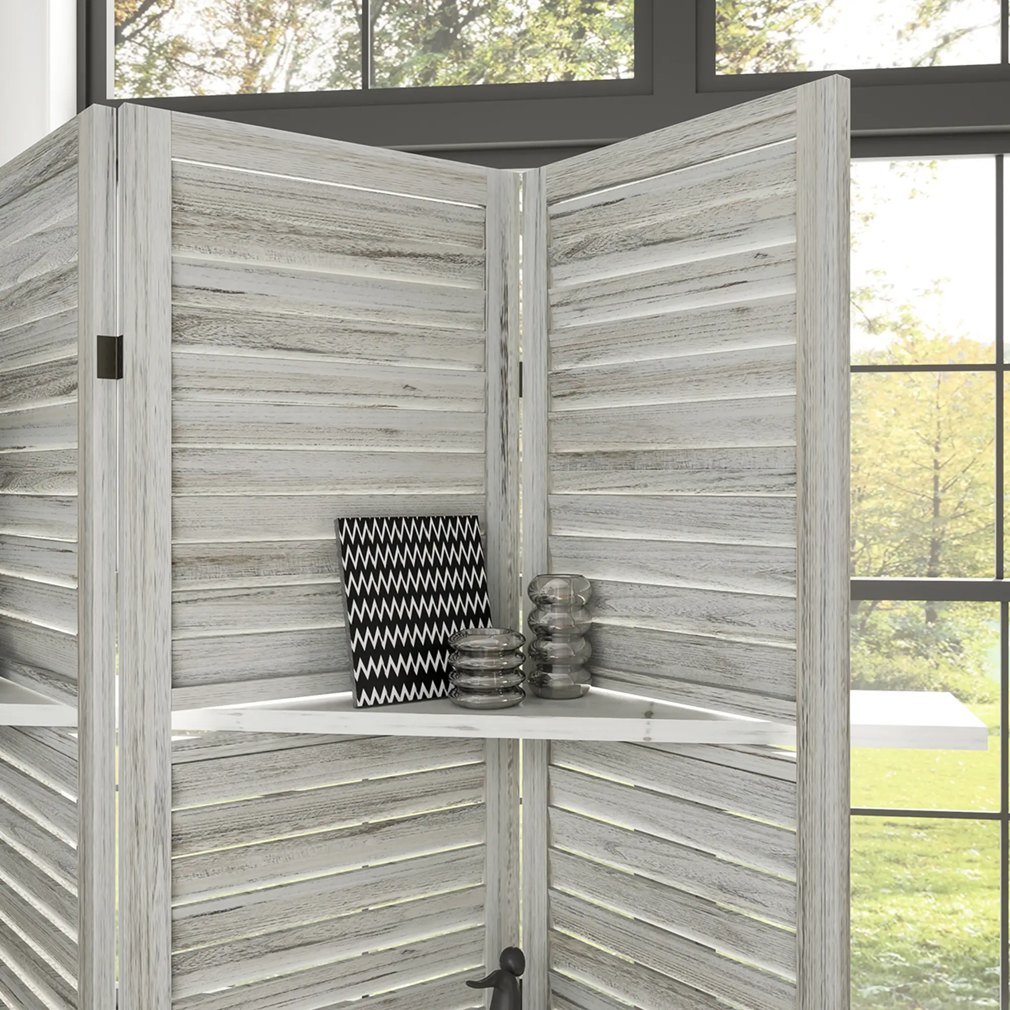4-Panel Wall Partition, 3 Storage Shelves, Foldable, Wooden Frame, 5.6FT, Distressed White, White - Image 10