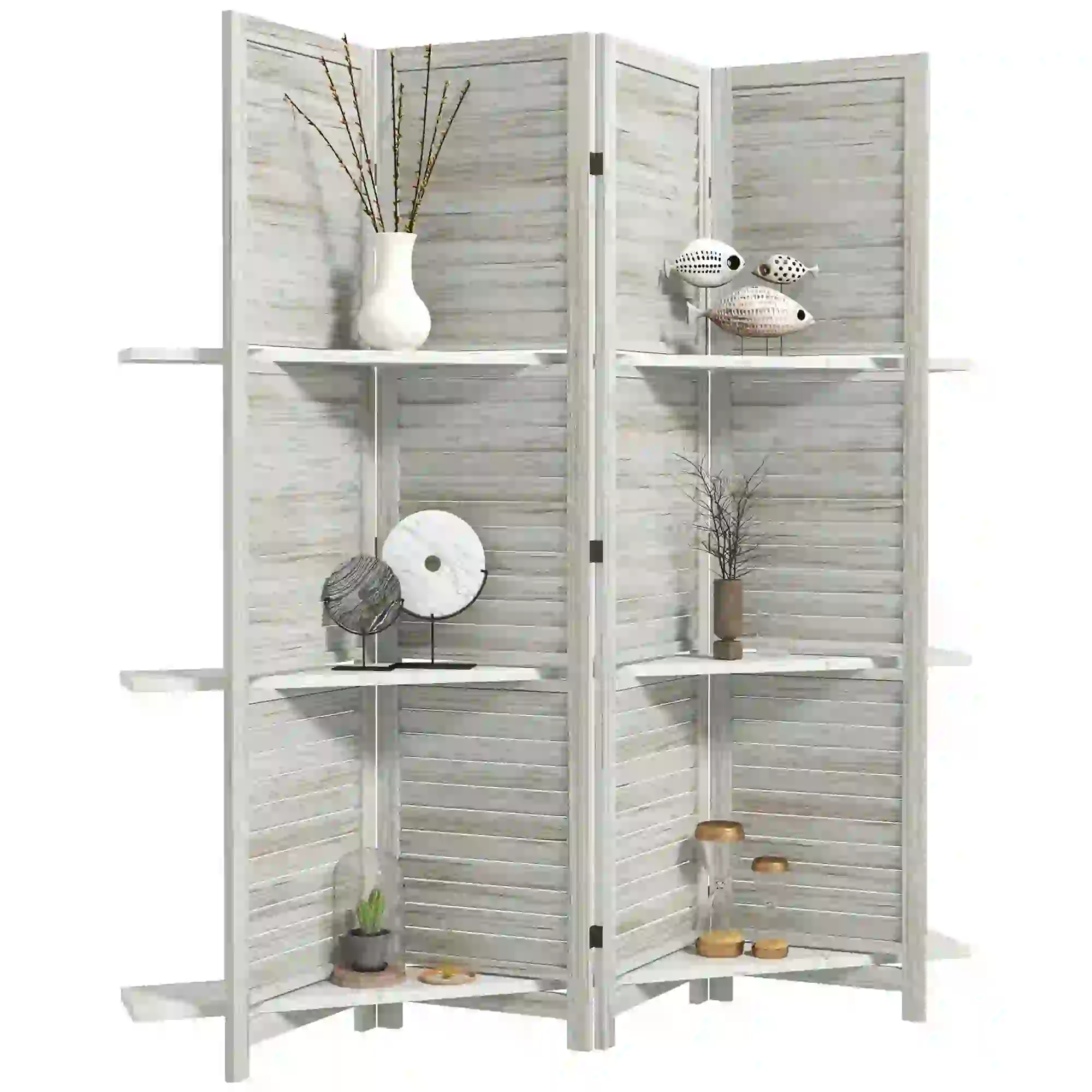 4-Panel Wall Partition, 3 Storage Shelves, Foldable, Wooden Frame, 5.6FT, Distressed White, White - Image 11