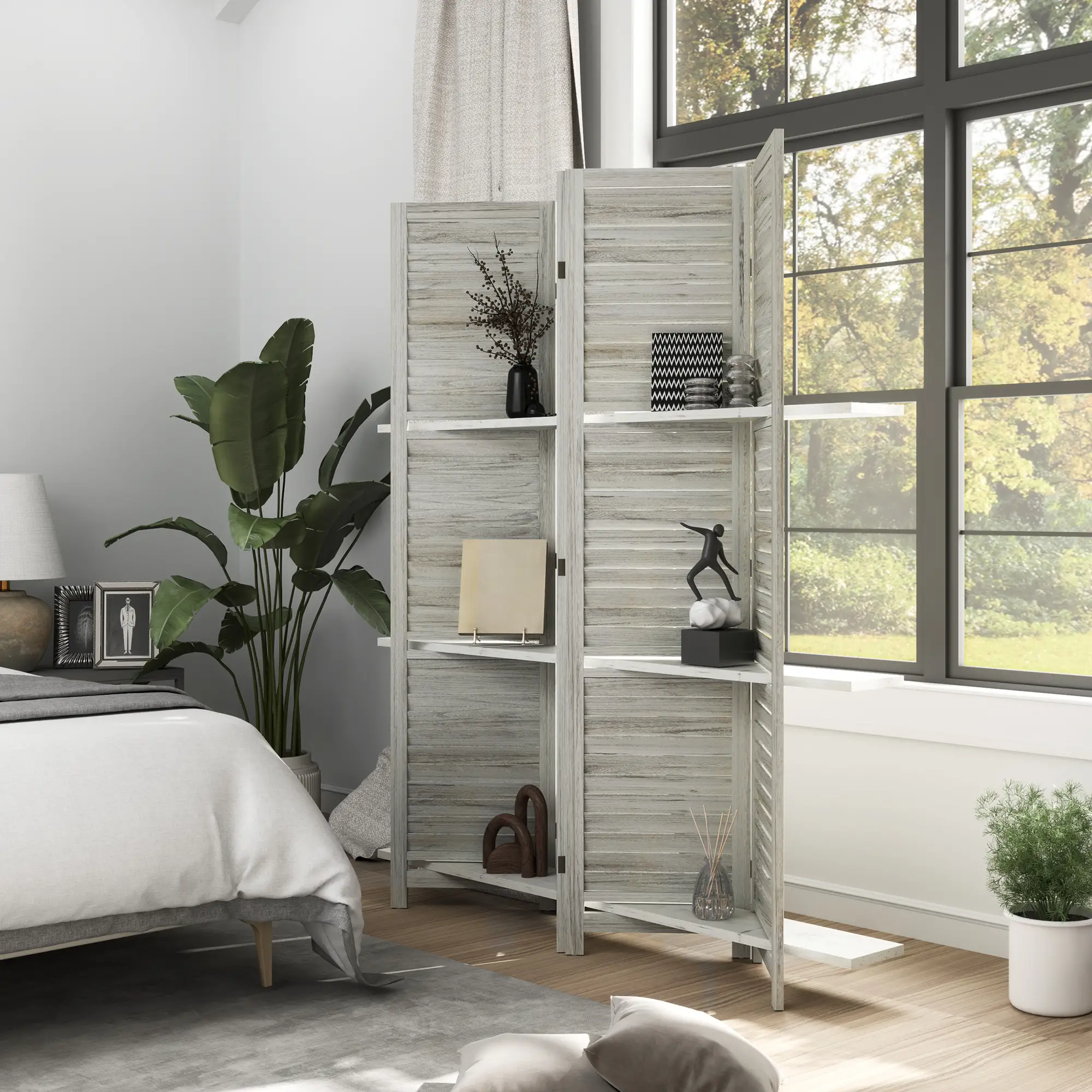 4-Panel Wall Partition, 3 Storage Shelves, Foldable, Wooden Frame, 5.6FT, Distressed White, White - Image 2