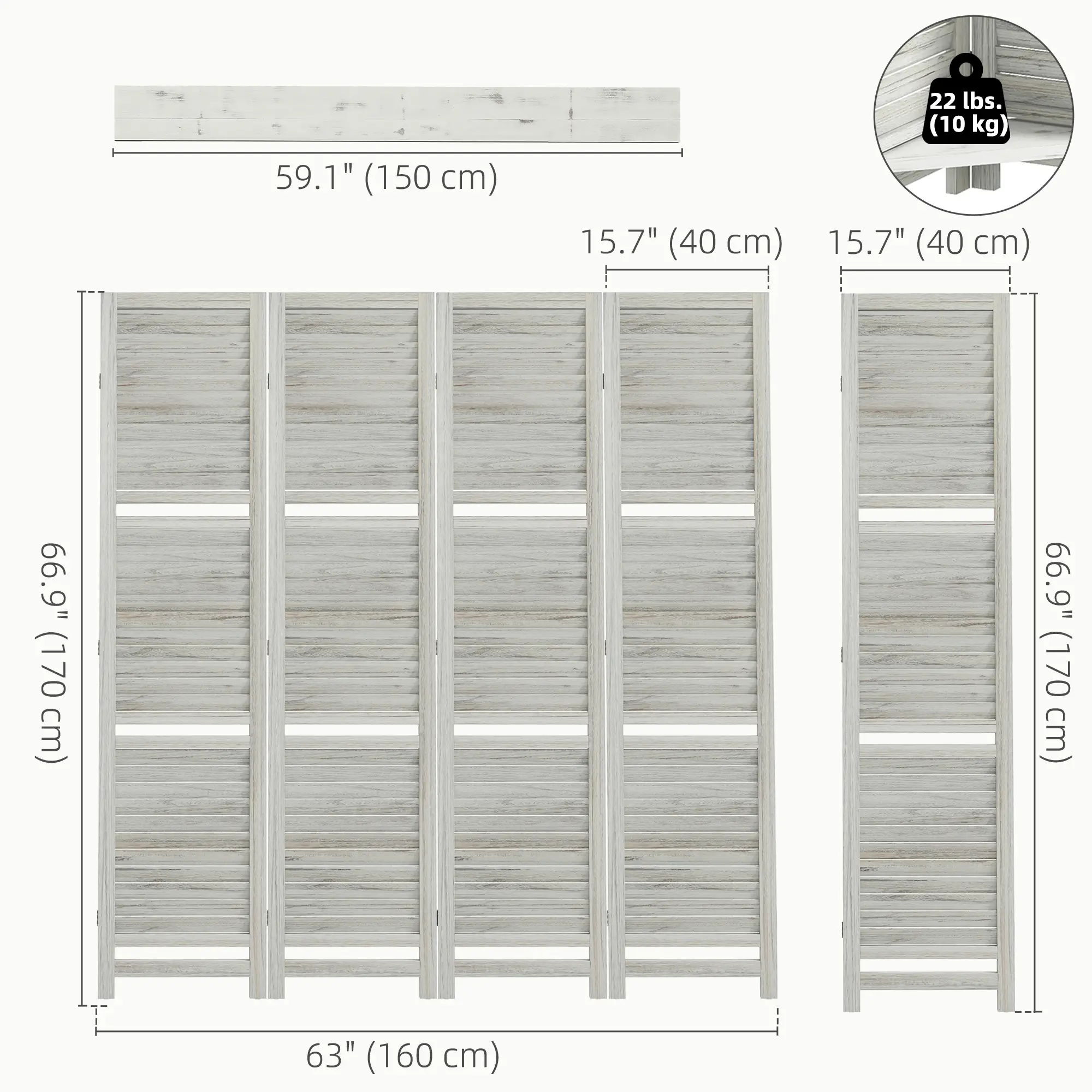 4-Panel Wall Partition, 3 Storage Shelves, Foldable, Wooden Frame, 5.6FT, Distressed White, White - Image 3