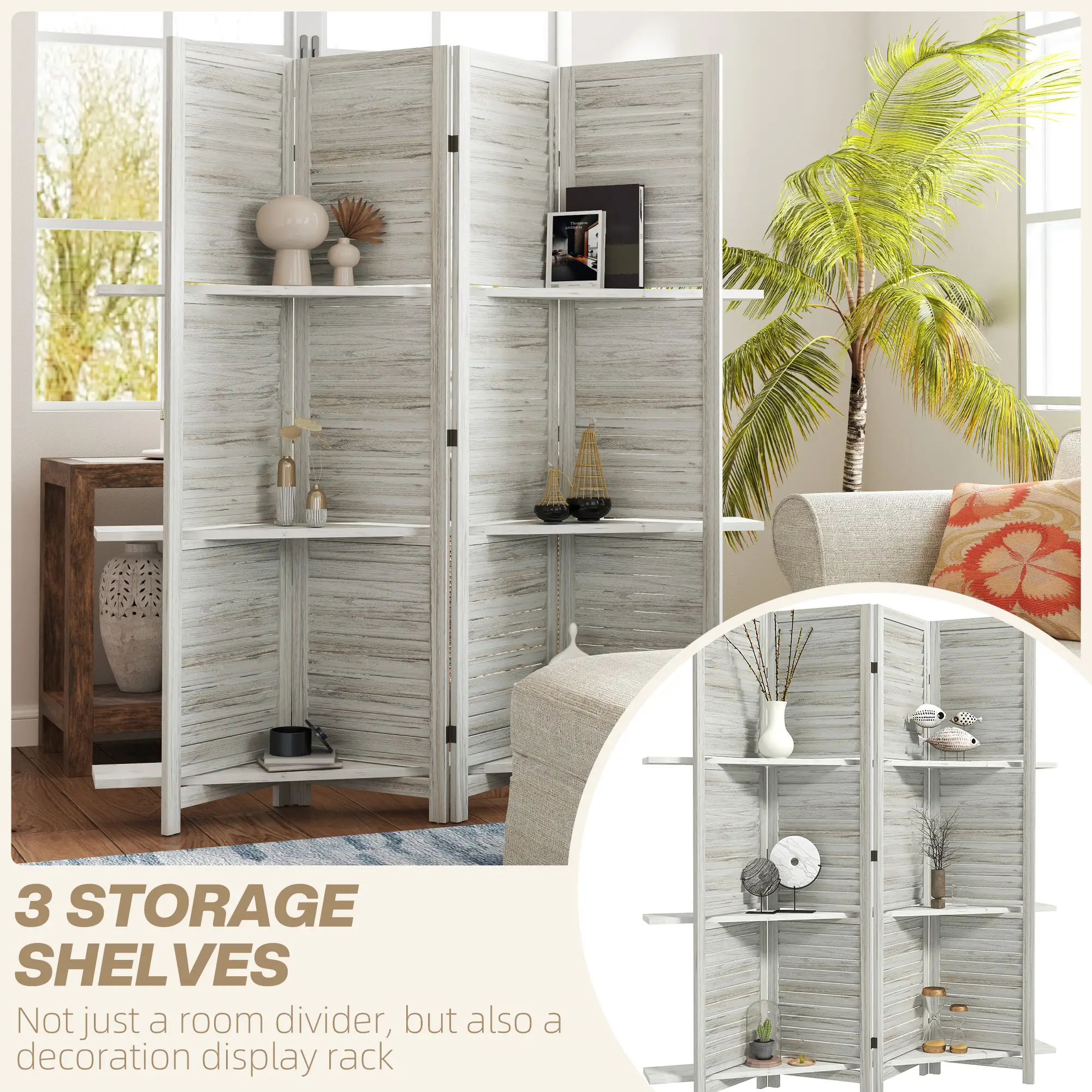 4-Panel Wall Partition, 3 Storage Shelves, Foldable, Wooden Frame, 5.6FT, Distressed White, White - Image 4