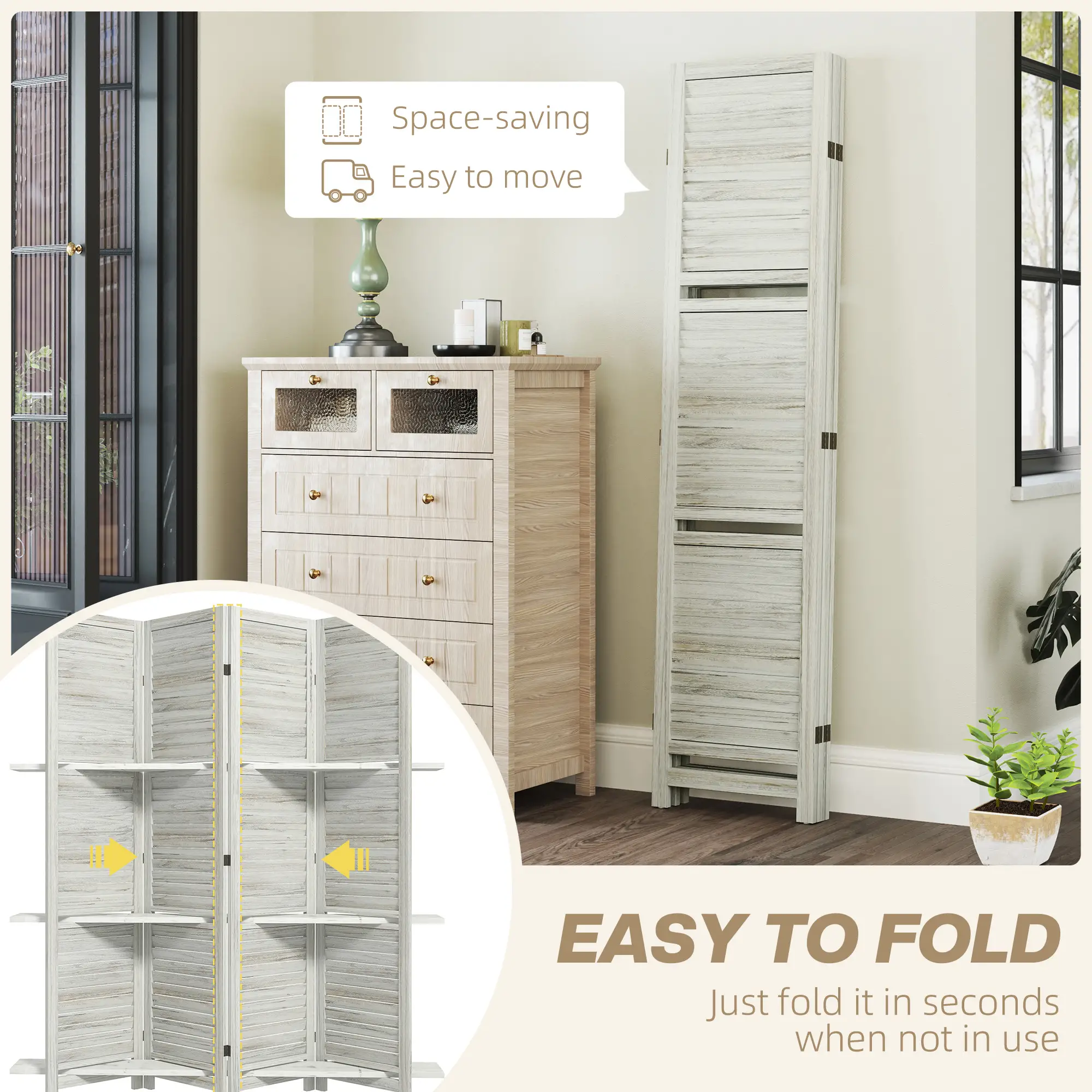 4-Panel Wall Partition, 3 Storage Shelves, Foldable, Wooden Frame, 5.6FT, Distressed White, White - Image 5