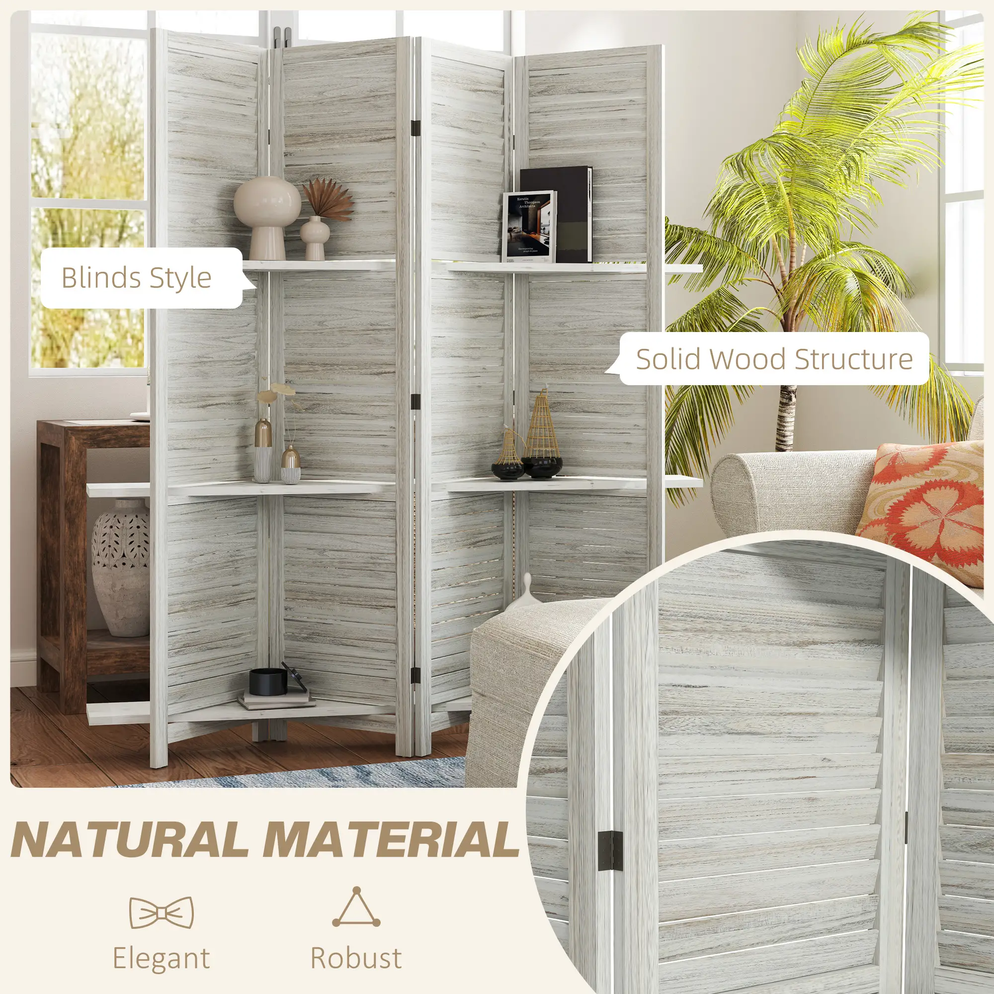 4-Panel Wall Partition, 3 Storage Shelves, Foldable, Wooden Frame, 5.6FT, Distressed White, White - Image 6