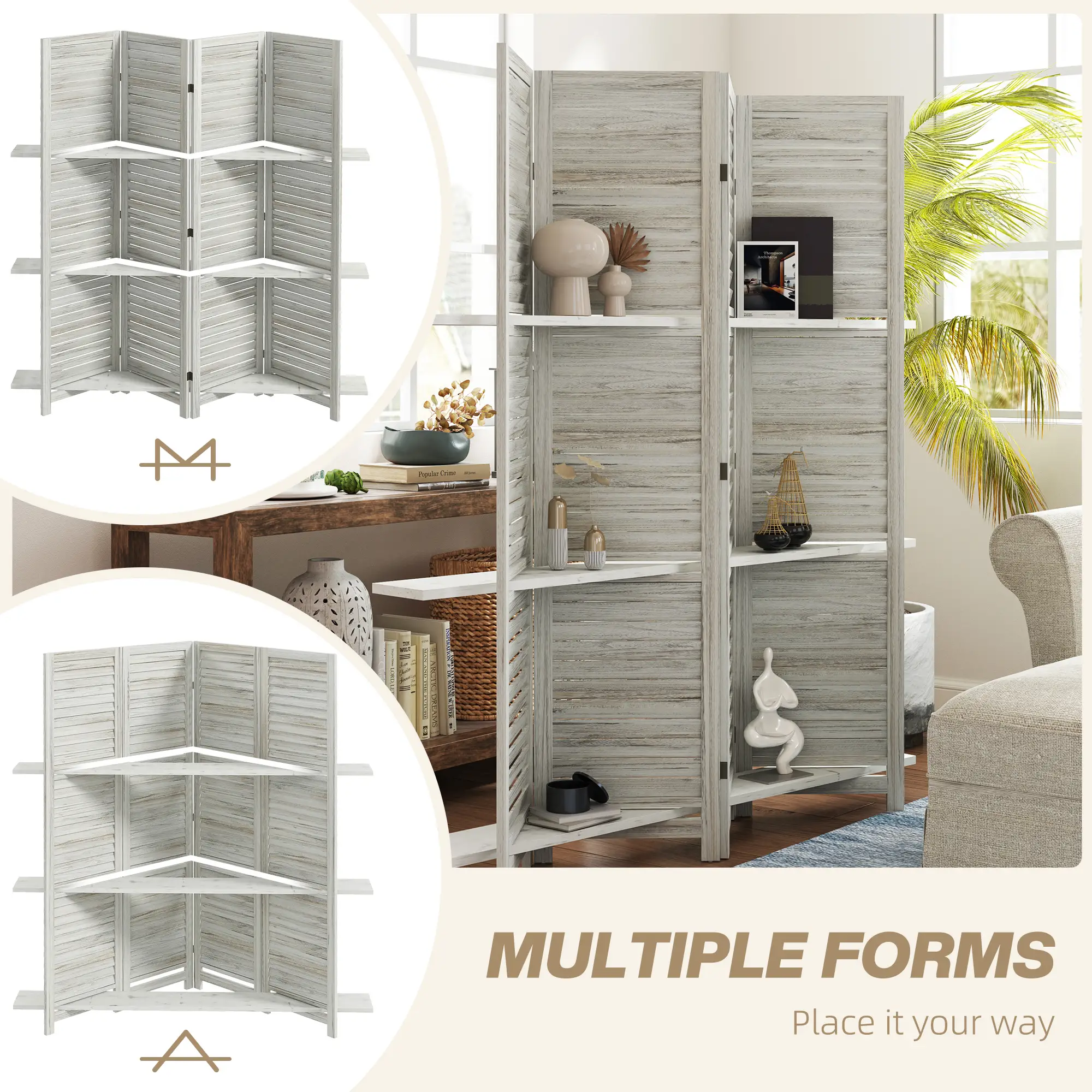 4-Panel Wall Partition, 3 Storage Shelves, Foldable, Wooden Frame, 5.6FT, Distressed White, White - Image 7