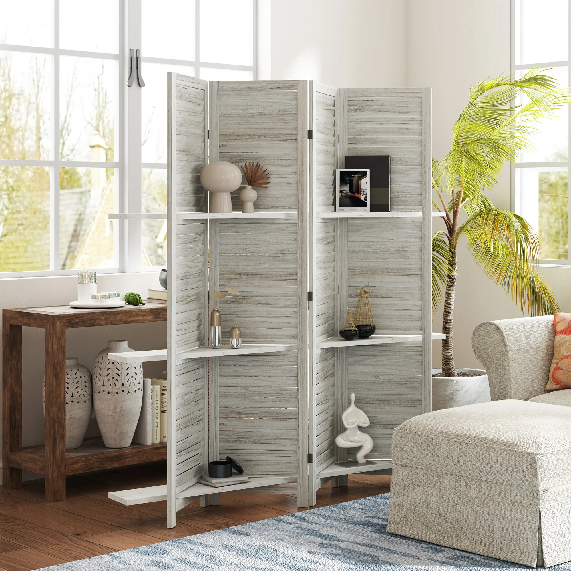 4-Panel Wall Partition, 3 Storage Shelves, Foldable, Wooden Frame, 5.6FT, Distressed White, White - Image 8