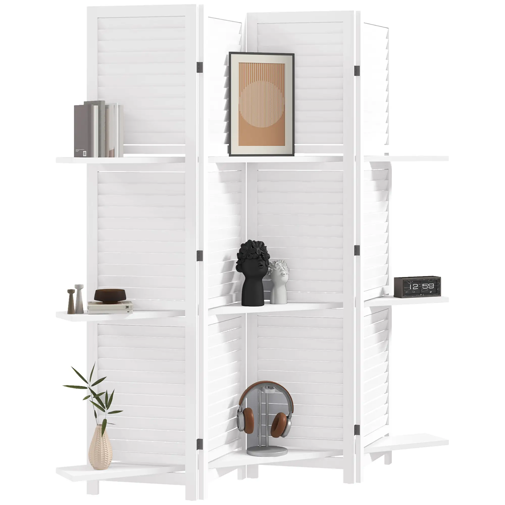 4-Panel Wall Partition, 3 Storage Shelves, Foldable, Wooden Frame, 5.6FT, White - Image 11