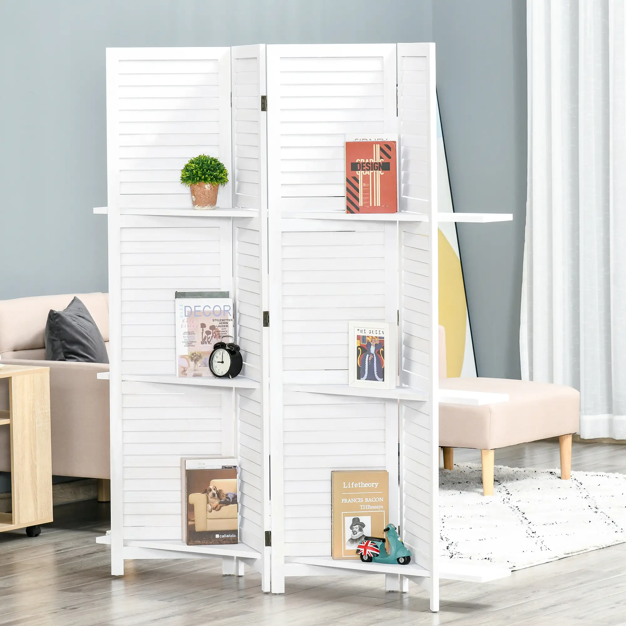 4-Panel Wall Partition, 3 Storage Shelves, Foldable, Wooden Frame, 5.6FT, White - Image 2