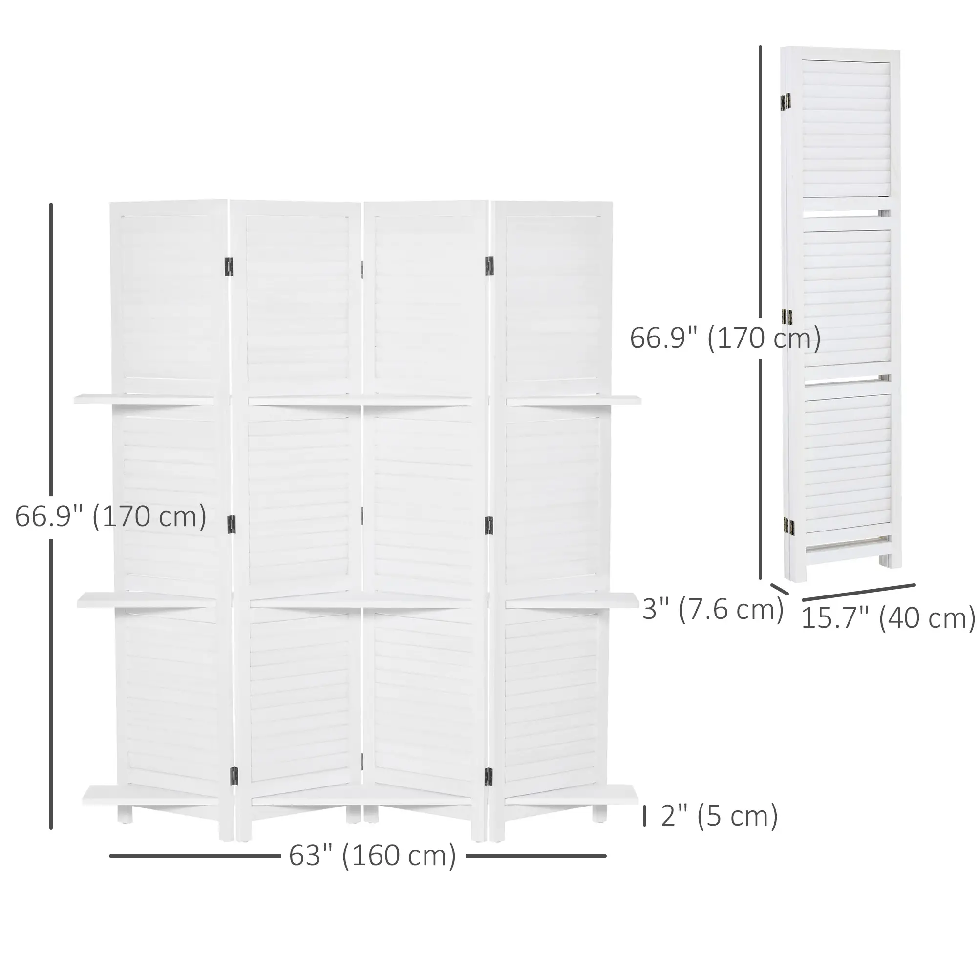 4-Panel Wall Partition, 3 Storage Shelves, Foldable, Wooden Frame, 5.6FT, White - Image 3