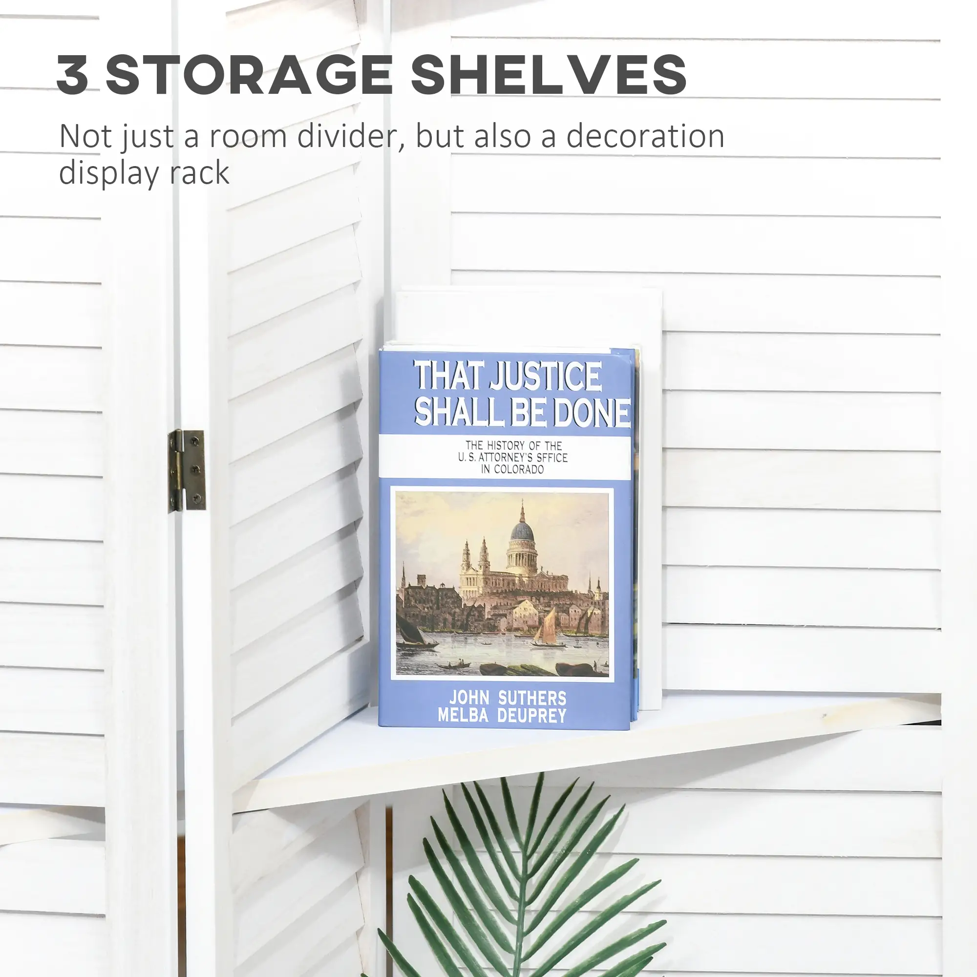 4-Panel Wall Partition, 3 Storage Shelves, Foldable, Wooden Frame, 5.6FT, White - Image 4