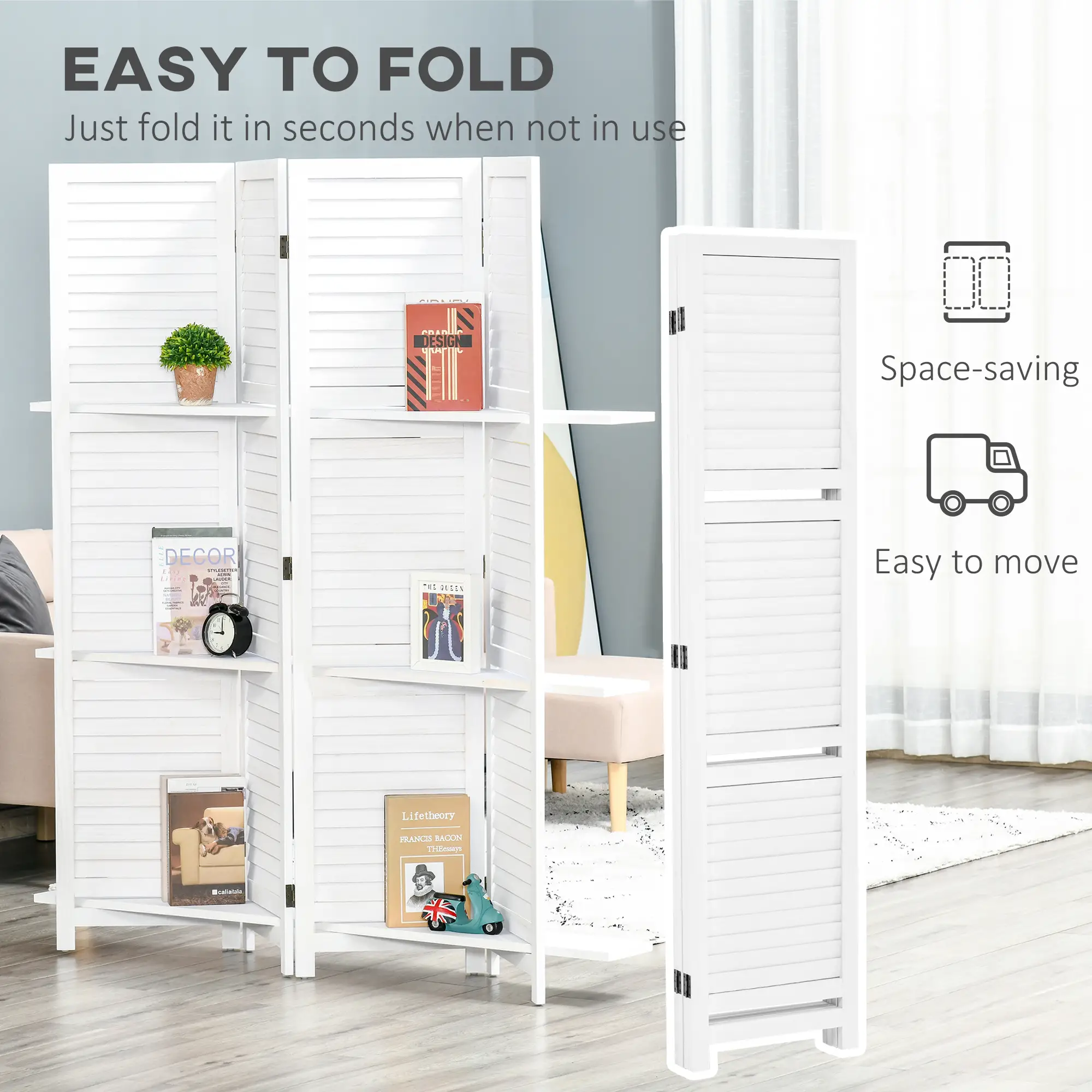 4-Panel Wall Partition, 3 Storage Shelves, Foldable, Wooden Frame, 5.6FT, White - Image 5