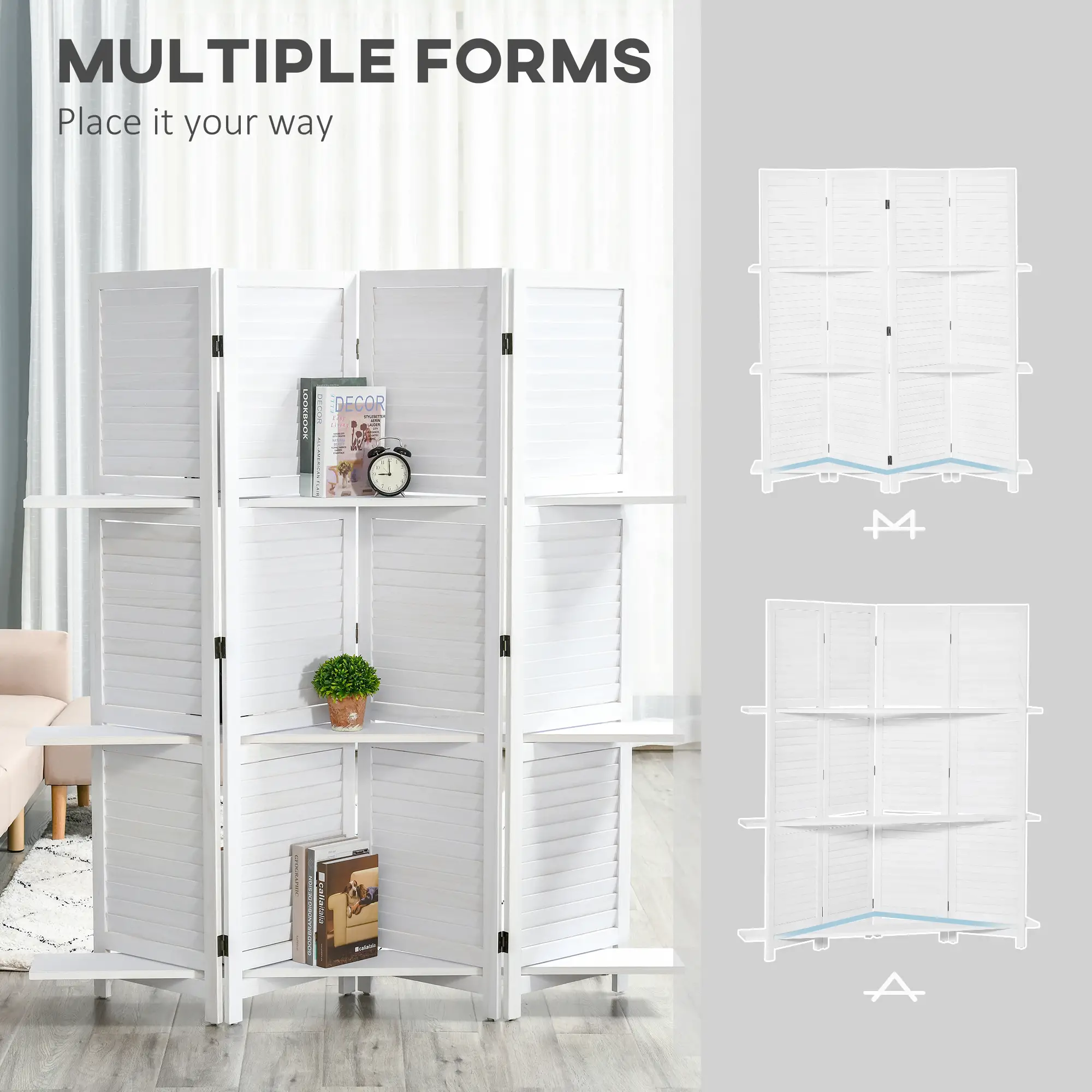 4-Panel Wall Partition, 3 Storage Shelves, Foldable, Wooden Frame, 5.6FT, White - Image 7